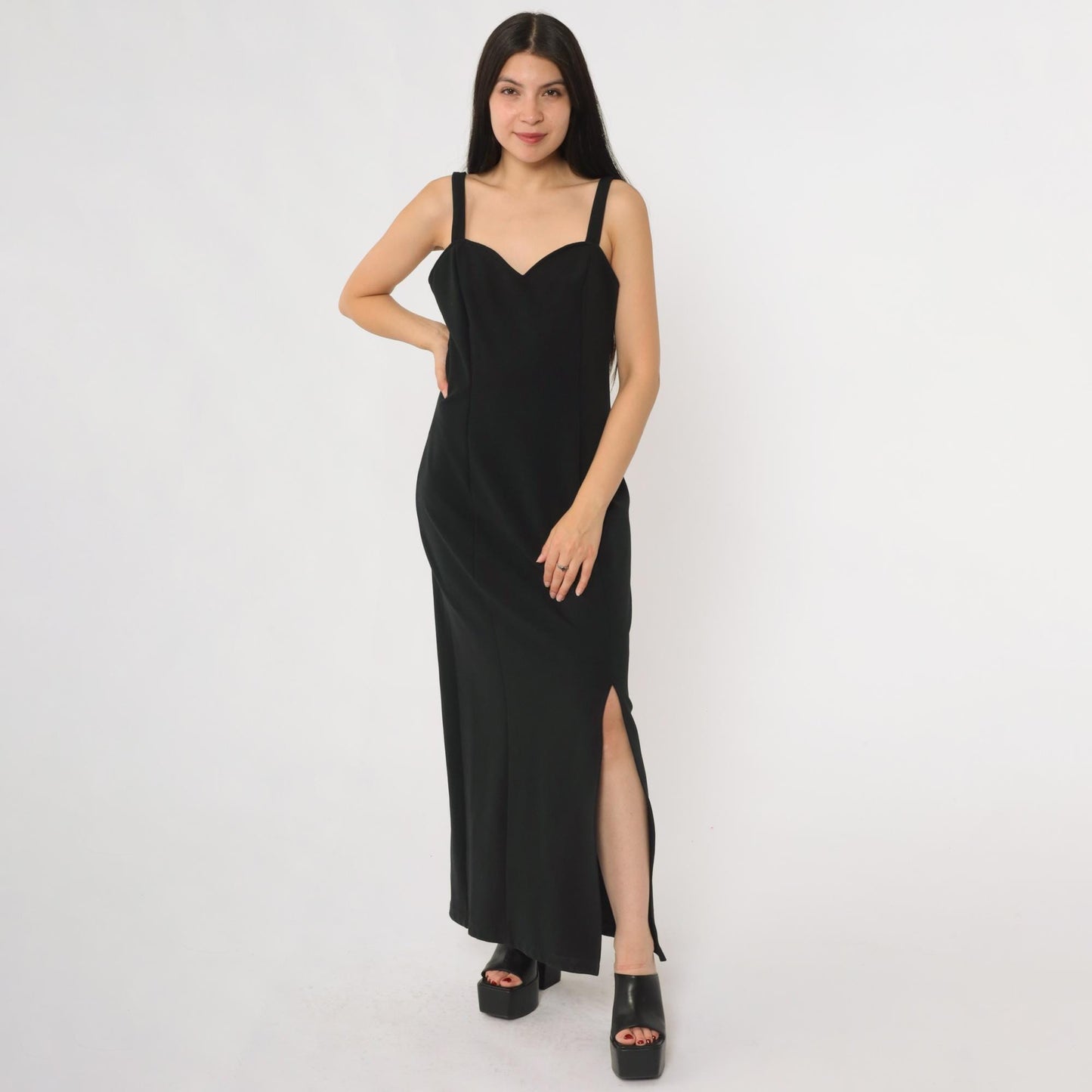 90s Black Velvet Maxi Gown Sweetheart Neckline Side Slit Medium M