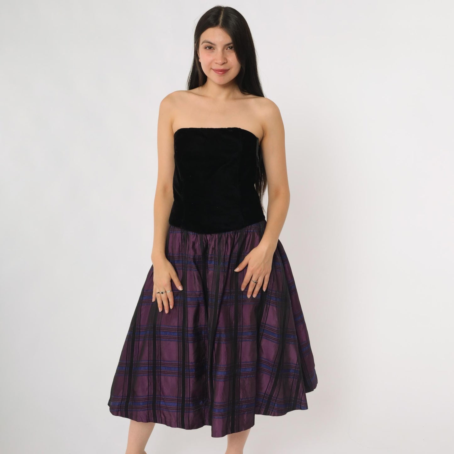 90s Scott McClintock Strapless Velvet Bodice Party Dress Purple Plaid Small