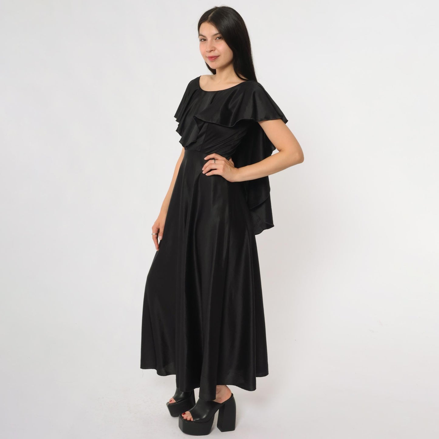70s Black Satin Maxi Dress Flutter Sleeve Ruffle Overlay Small