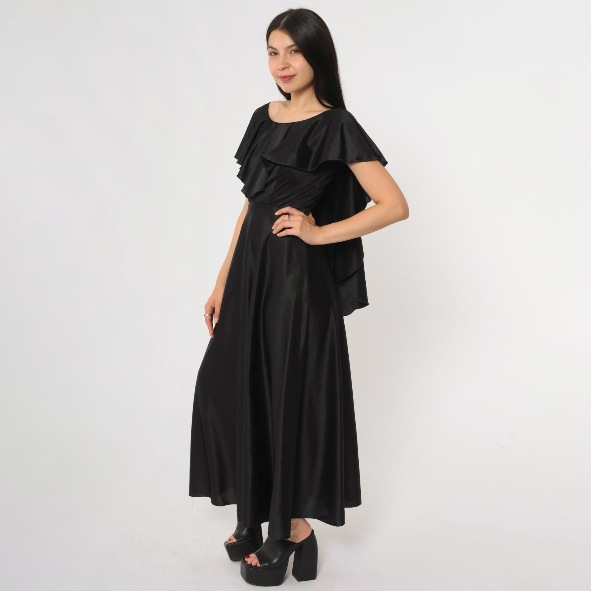 70s Black Satin Maxi Dress Flutter Sleeve Ruffle Overlay Small