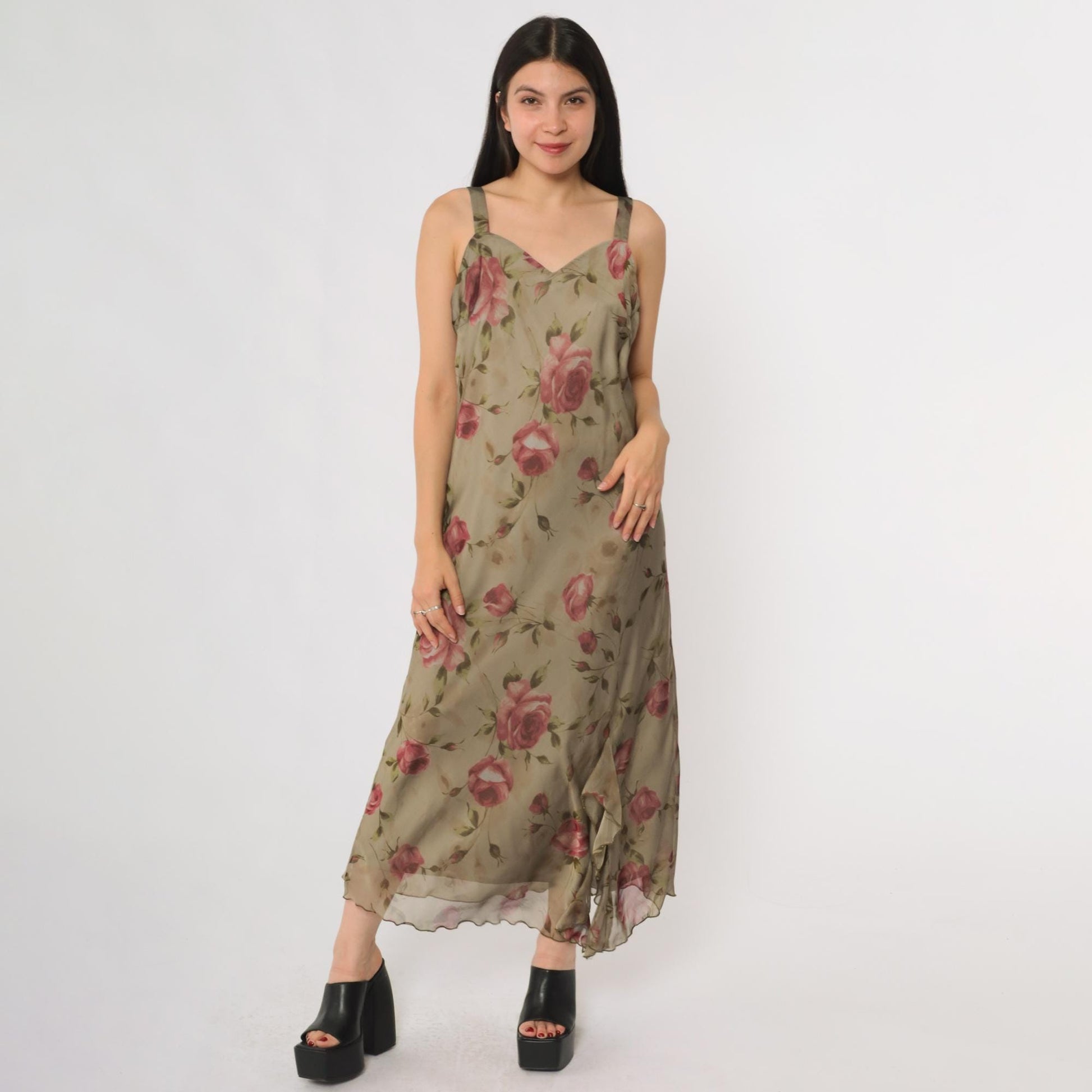 90s R & M Richards Floral Maxi Dress Sage Green Pink Rose Print Petite 8P