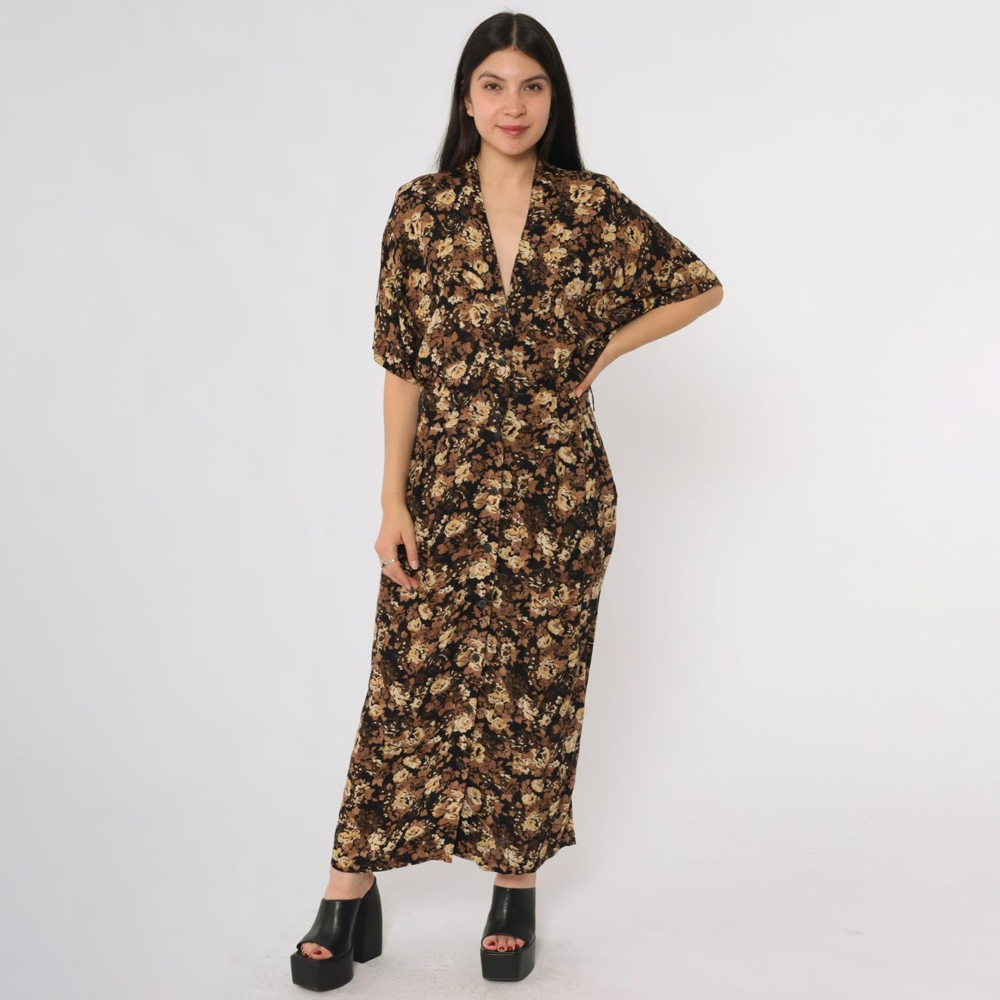 90s Rabbit Designs Floral Maxi Dress Black Rose Print Button Front Medium