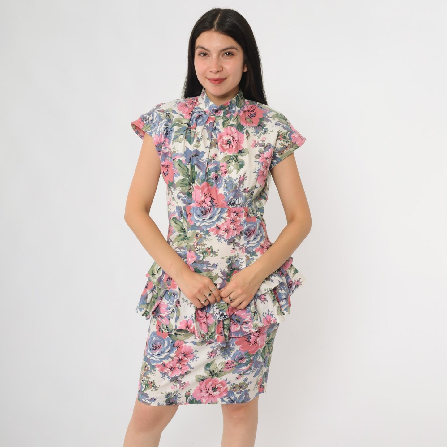 90s Teal Floral Mini Dress Button Front High Neck Flutter Sleeve Small