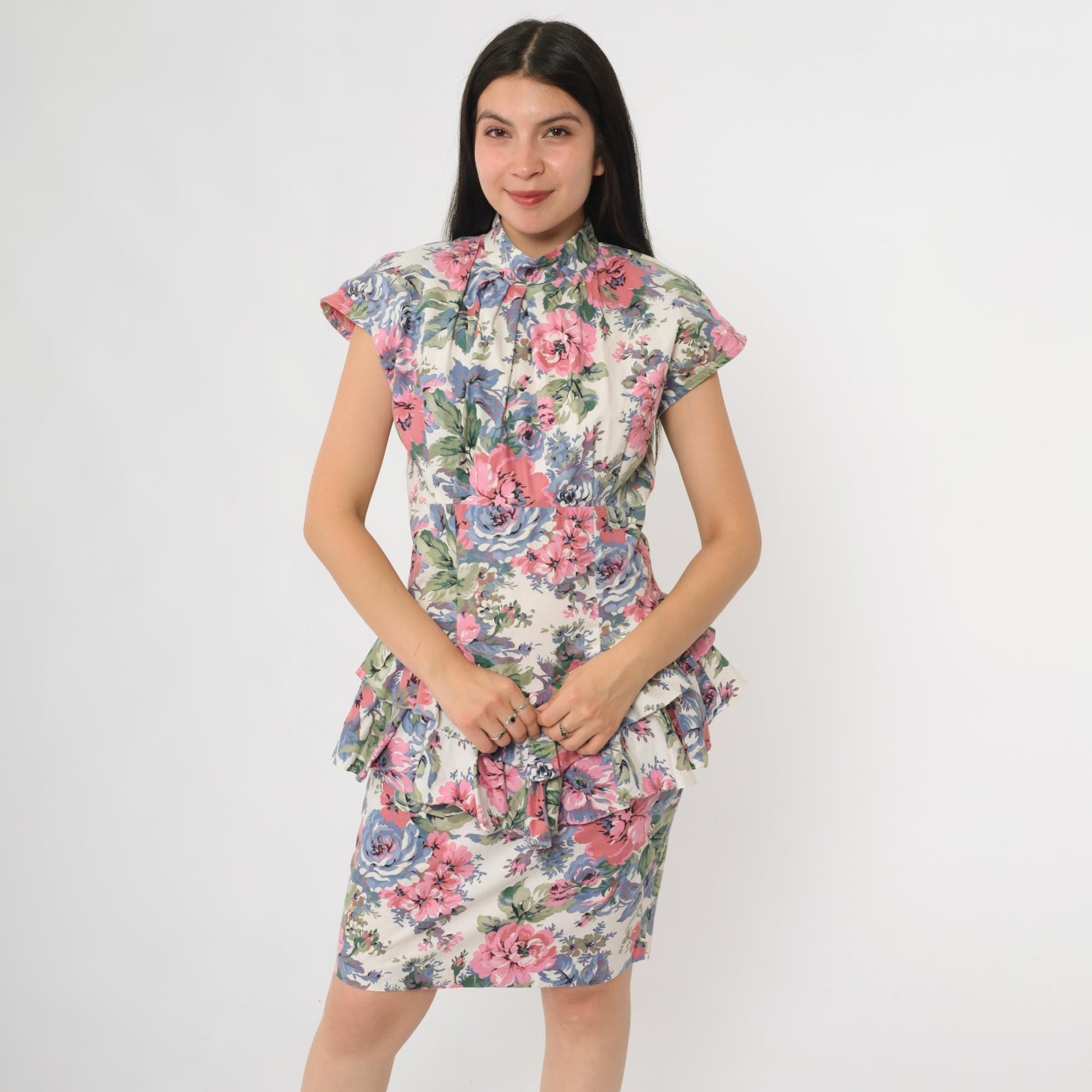 90s Teal Floral Mini Dress Button Front High Neck Flutter Sleeve Small