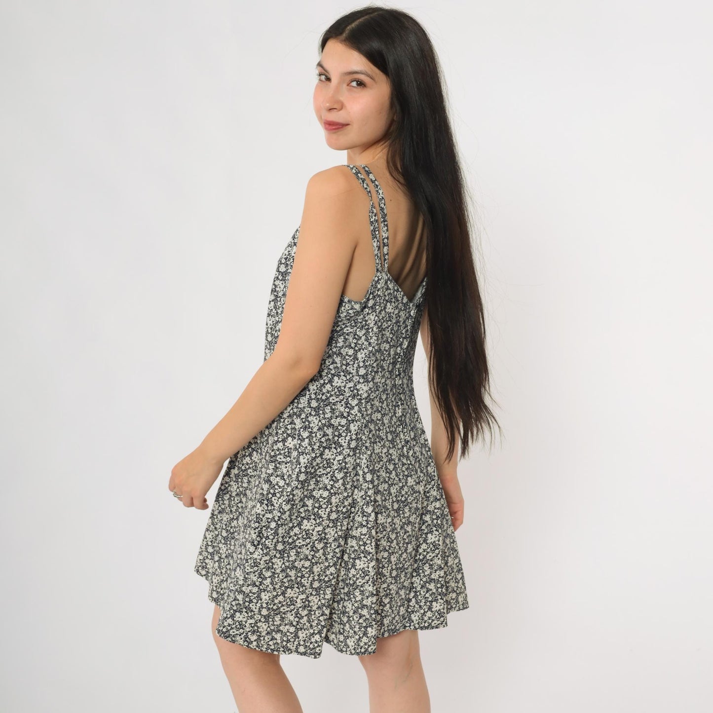 90s Navy Floral Mini Sundress Double Strap Sweetheart Neckline Small S