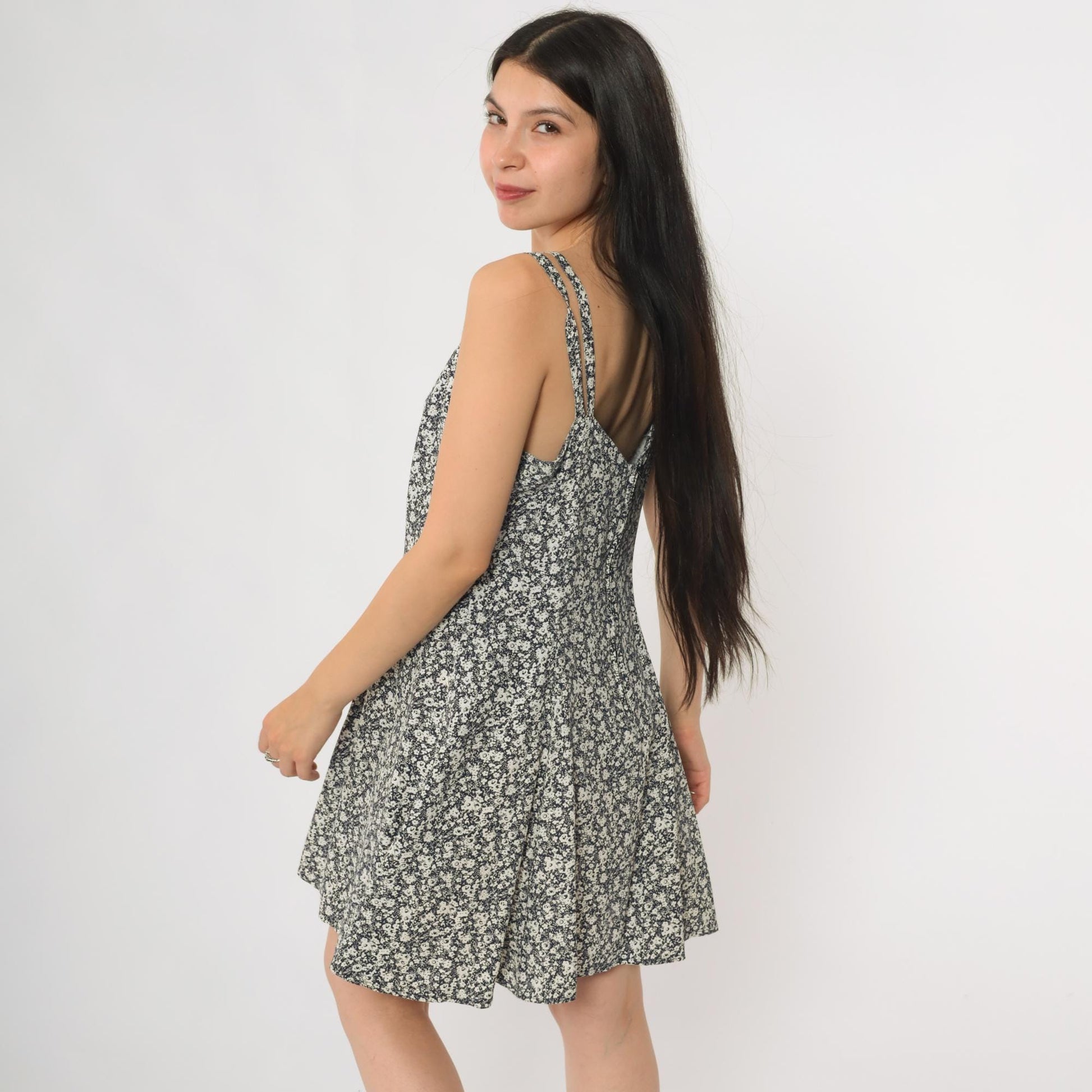90s Navy Floral Mini Sundress Double Strap Sweetheart Neckline Small S
