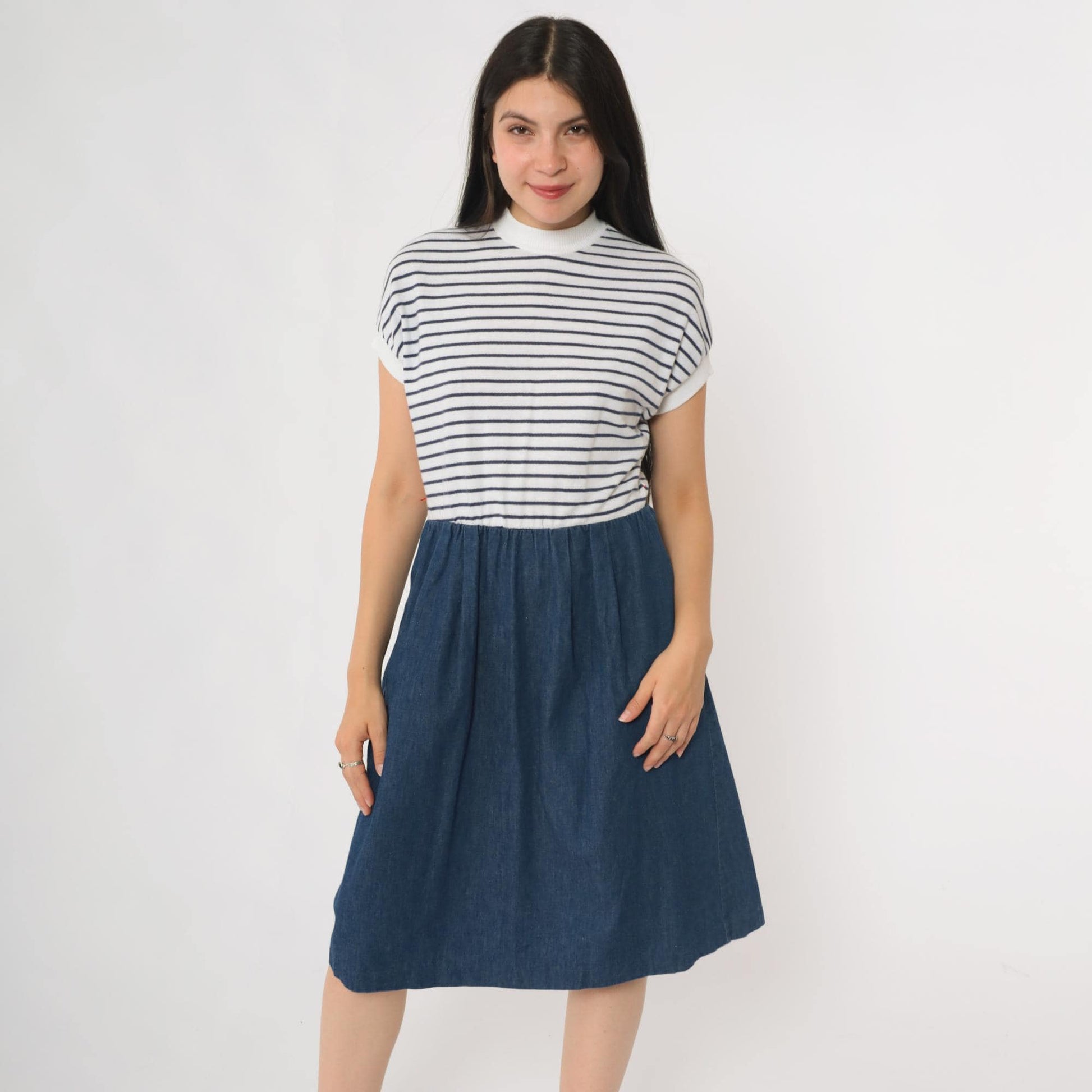 80s Nautical Striped Knit Denim Midi Dress Mock Neck White Navy Small