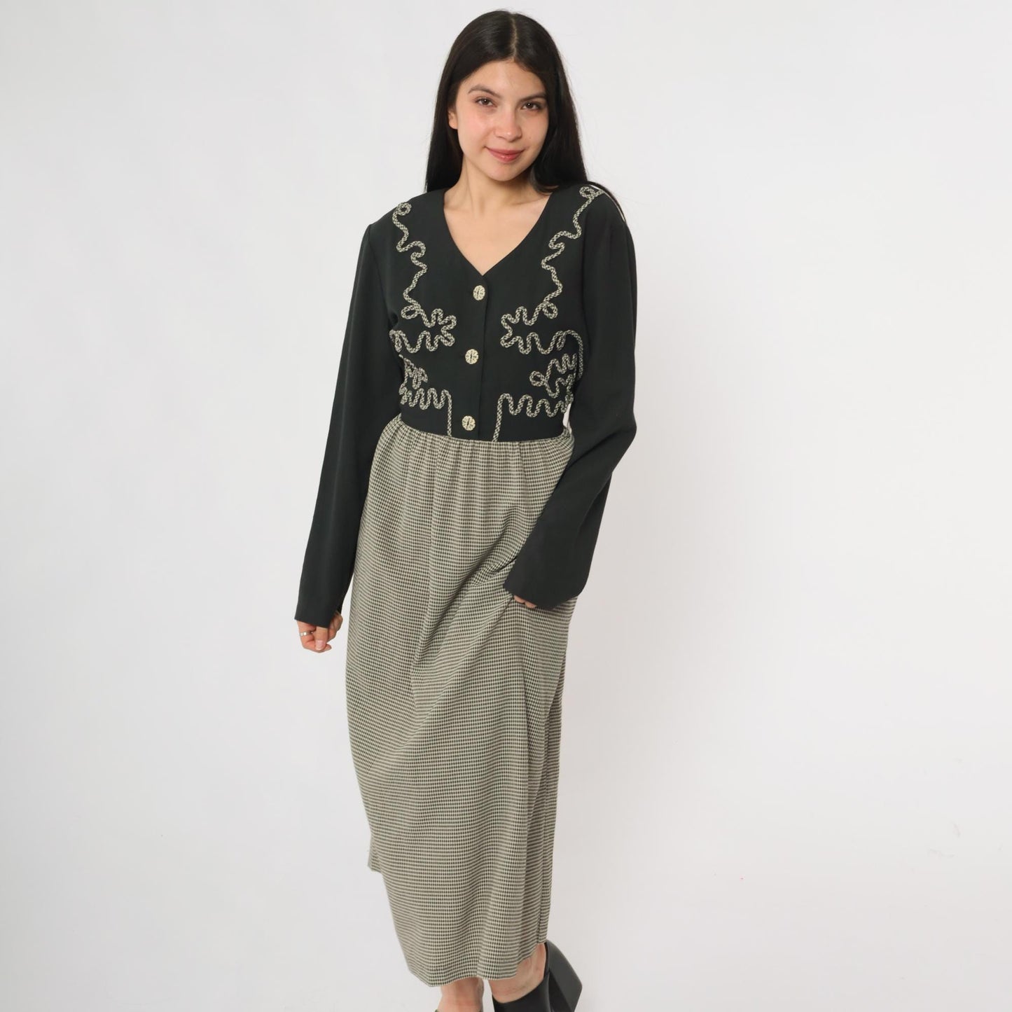 90s Kim Rogers Black Gingham Maxi Dress Embroidered Button Down Long Sleeve Large L