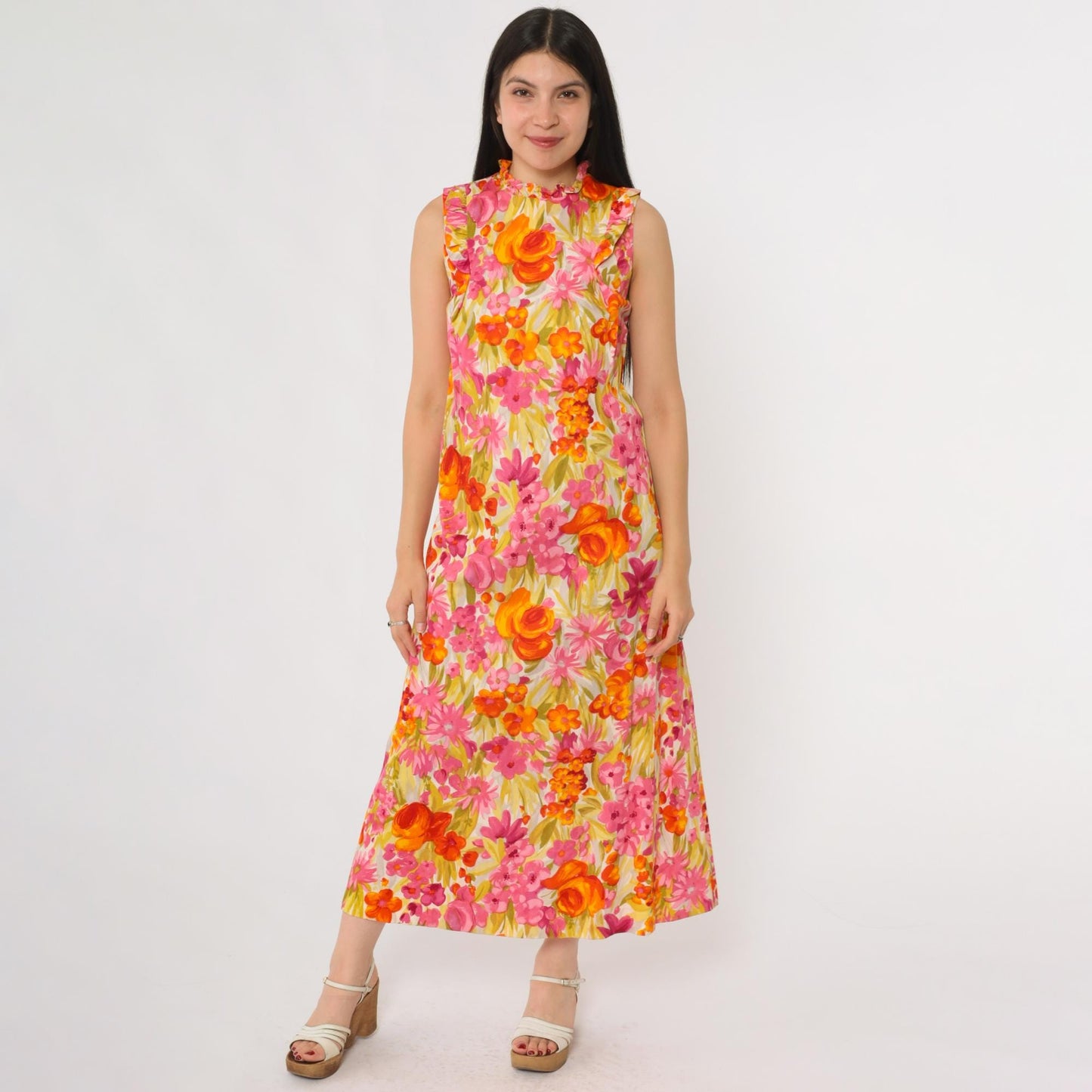 70s McInerny Honolulu Hawaiian Maxi Dress Tropical Floral Barkcloth Small