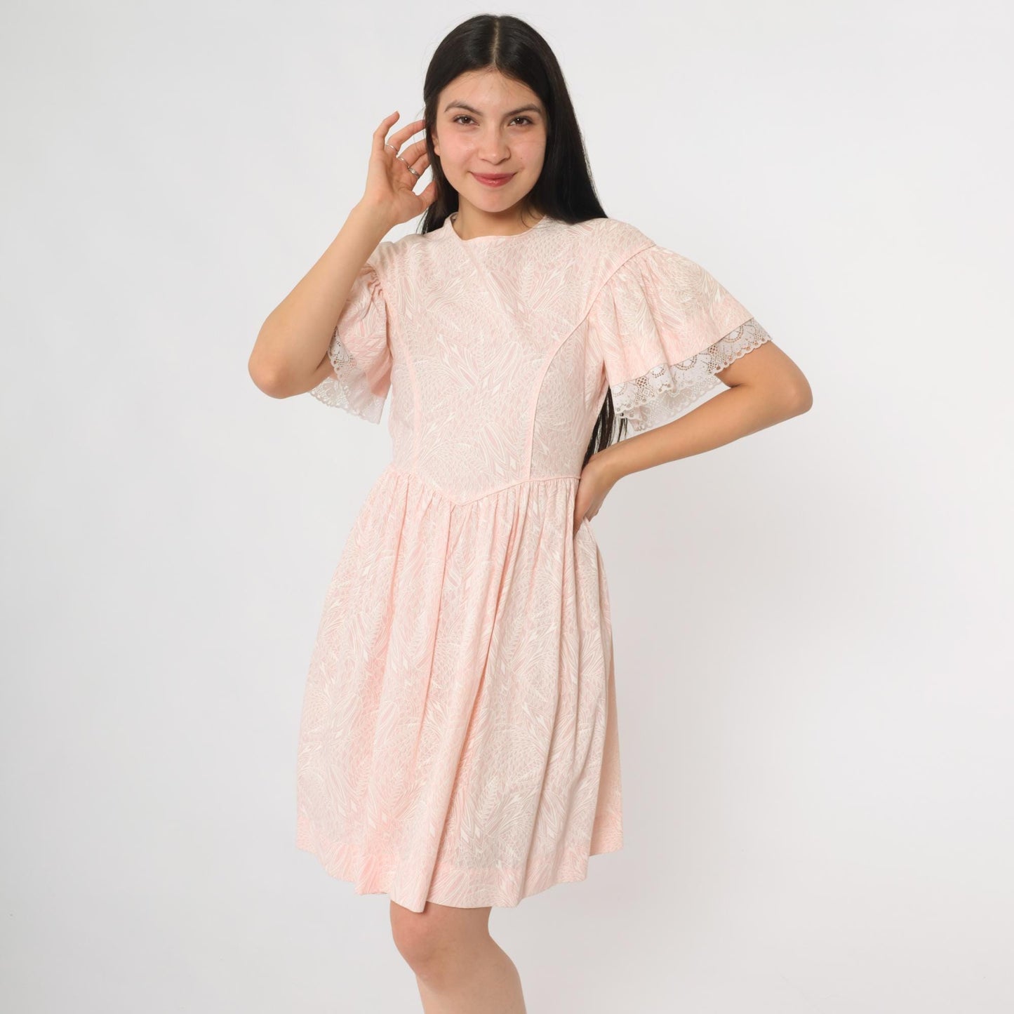 80s Pink Mini Dress White Leaf Print Flutter Sleeve Babydoll Tie Back Small S