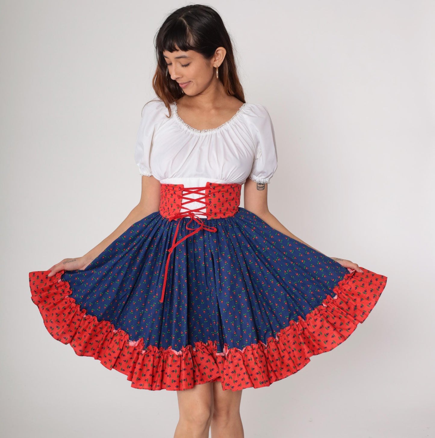 70s Folk Dirndl Dress Blue Floral White Puff Sleeve Red Corset Extra Small