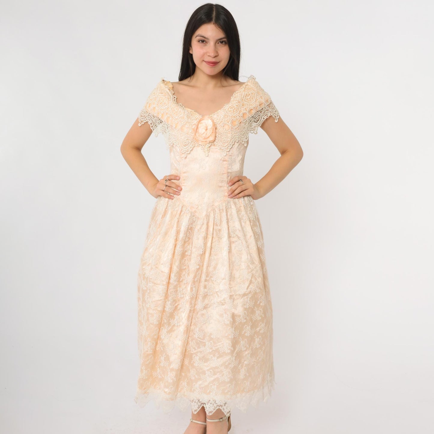 80s Scott McClintock Peach Lace Evening Gown Off-Shoulder Midi Small