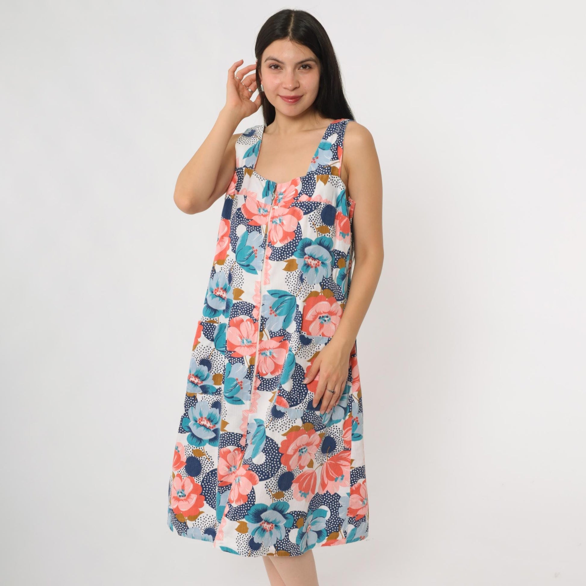 70s Floral Day Dress Sleeveless Scoop Neck Front Zip Midi Pink Blue Orange Green Medium