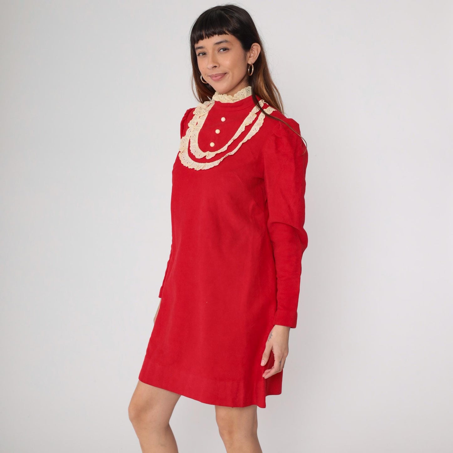 1960s Red Velour Mini Dress Eyelet Lace Puff Sleeve Small