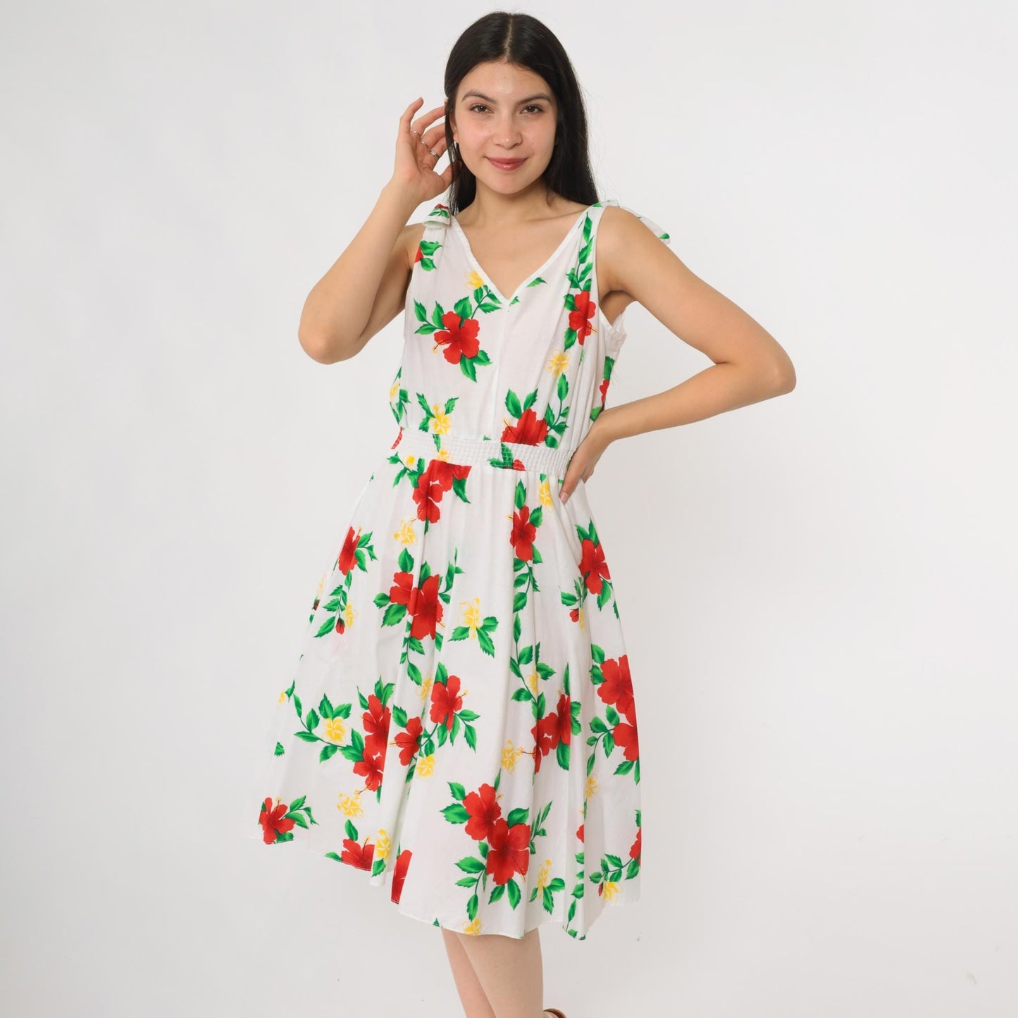 80s Royal Creations White Cotton Hibiscus Floral Midi Dress Tie Shoulder Small