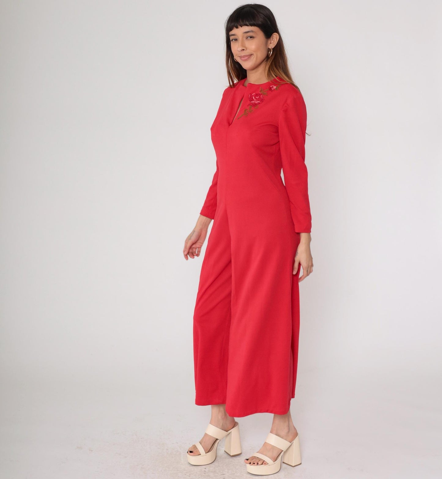70s Red Jumpsuit Rose Embroidered Wide Leg V-Neck Long Sleeve Medium