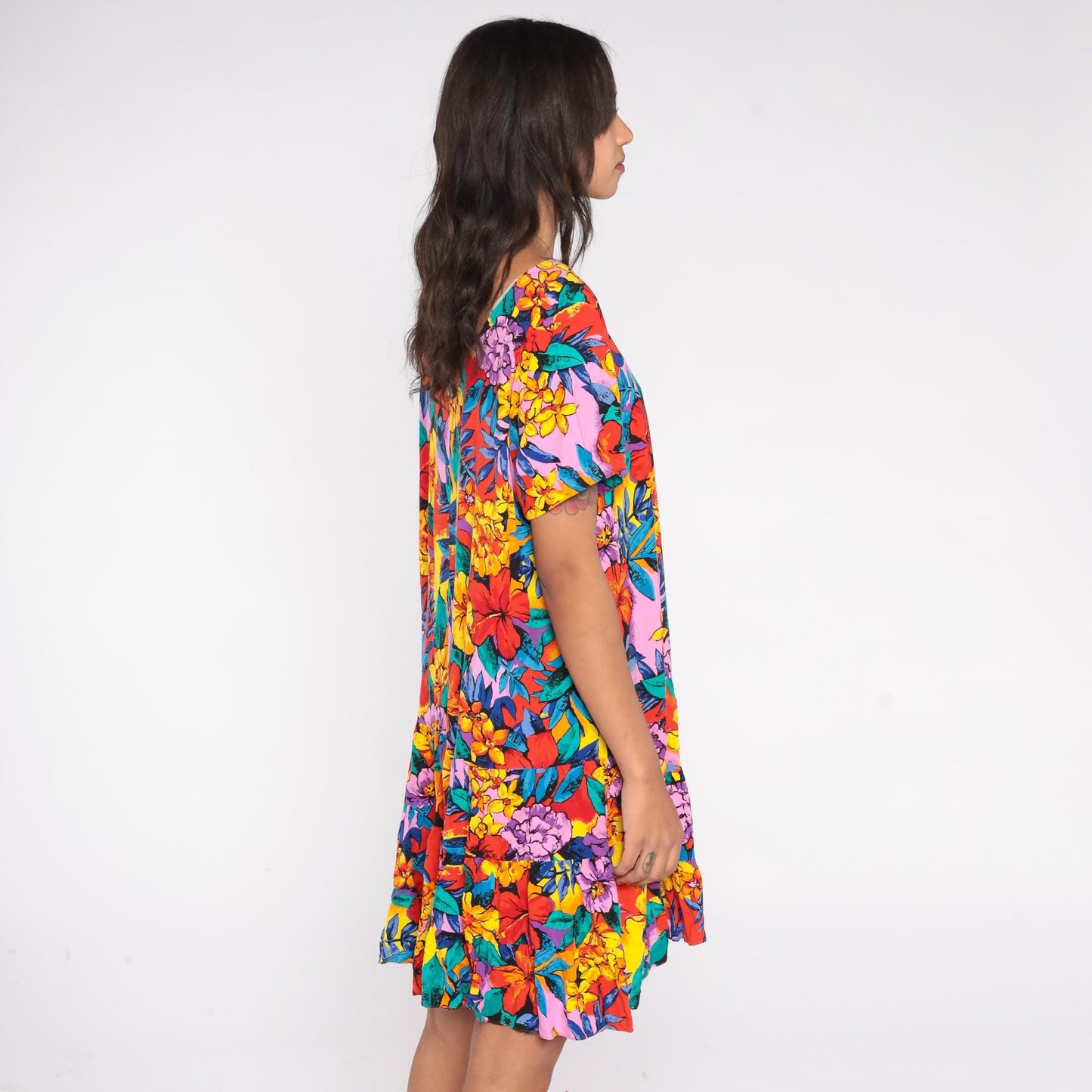 90s Tropical Floral Mini Dress Hibiscus Print Drop Waist Ruffle Medium M