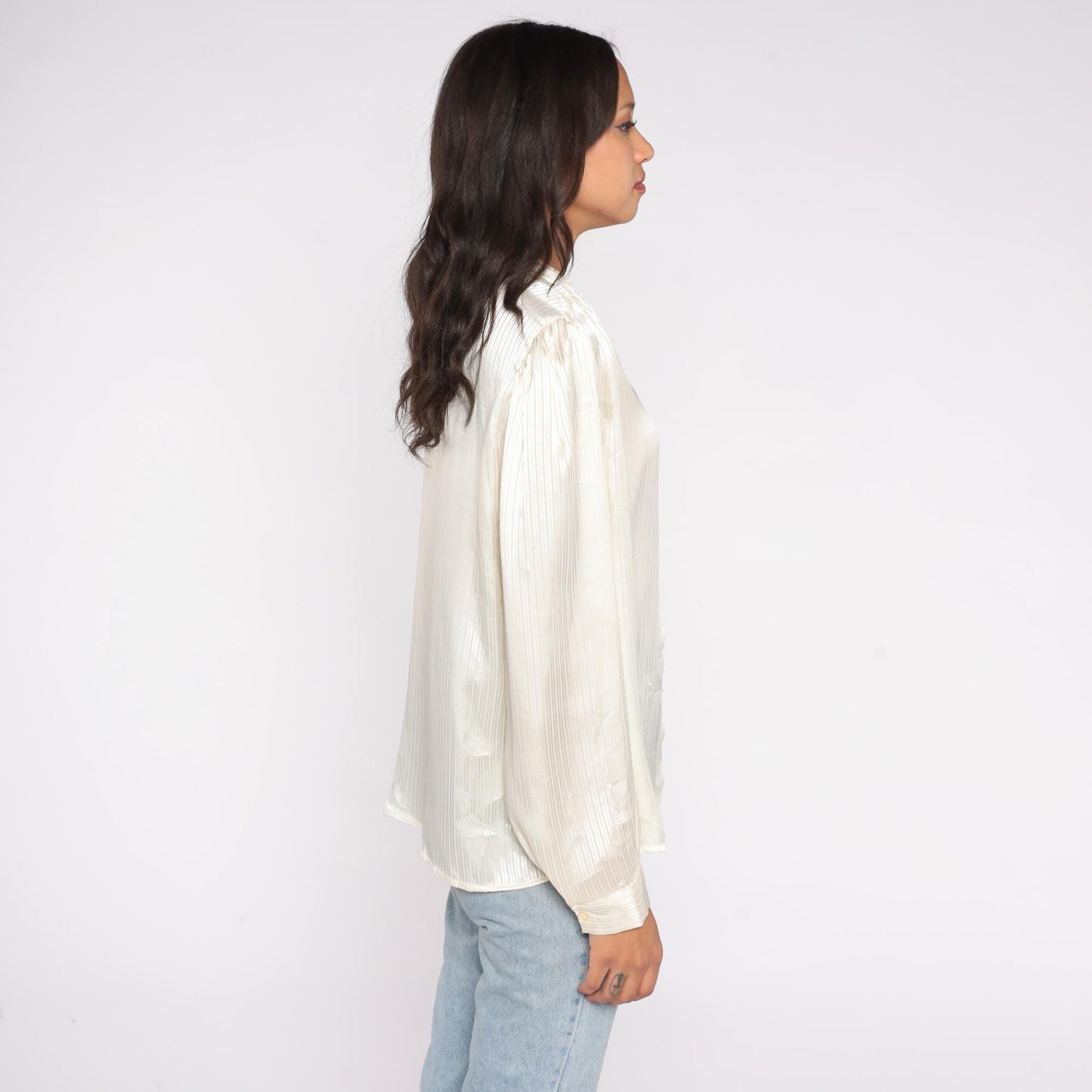 90s That's What! of California Satin Blouse Cream Striped Button Up V Neck Large