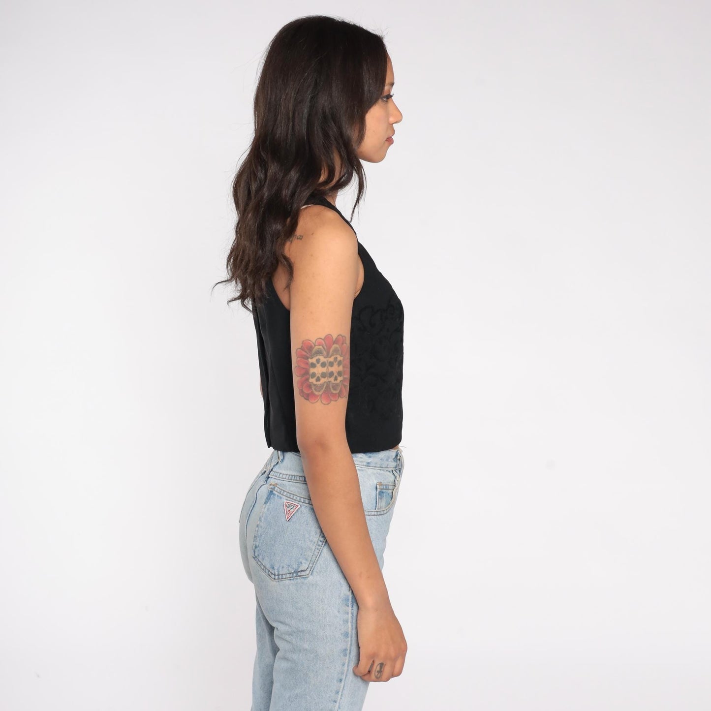90s XOXO Black Jacquard Crop Top Square Neck Sleeveless Medium M