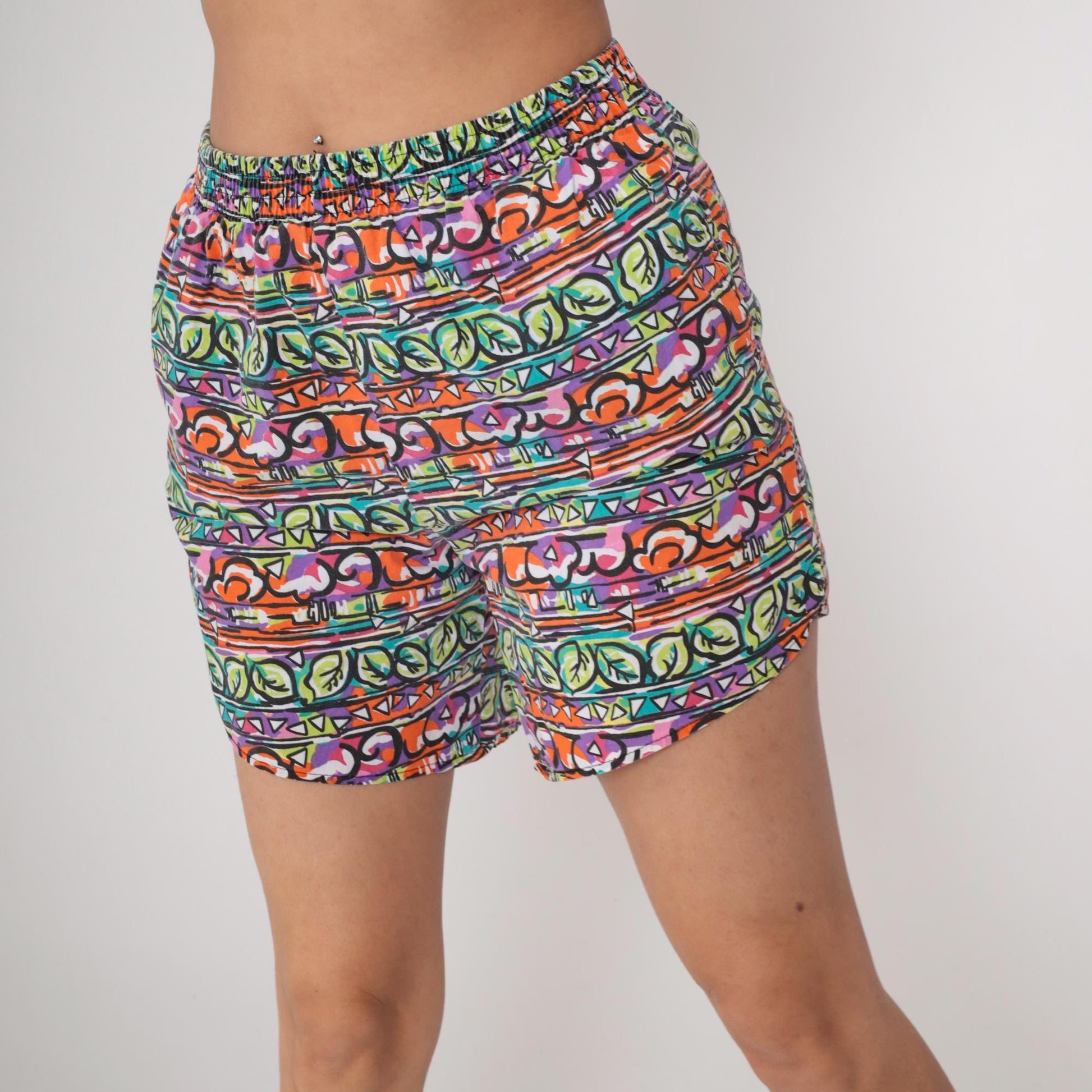 90s Victoria Harbor Cotton Shorts High Rise Abstract Geometric Print Medium
