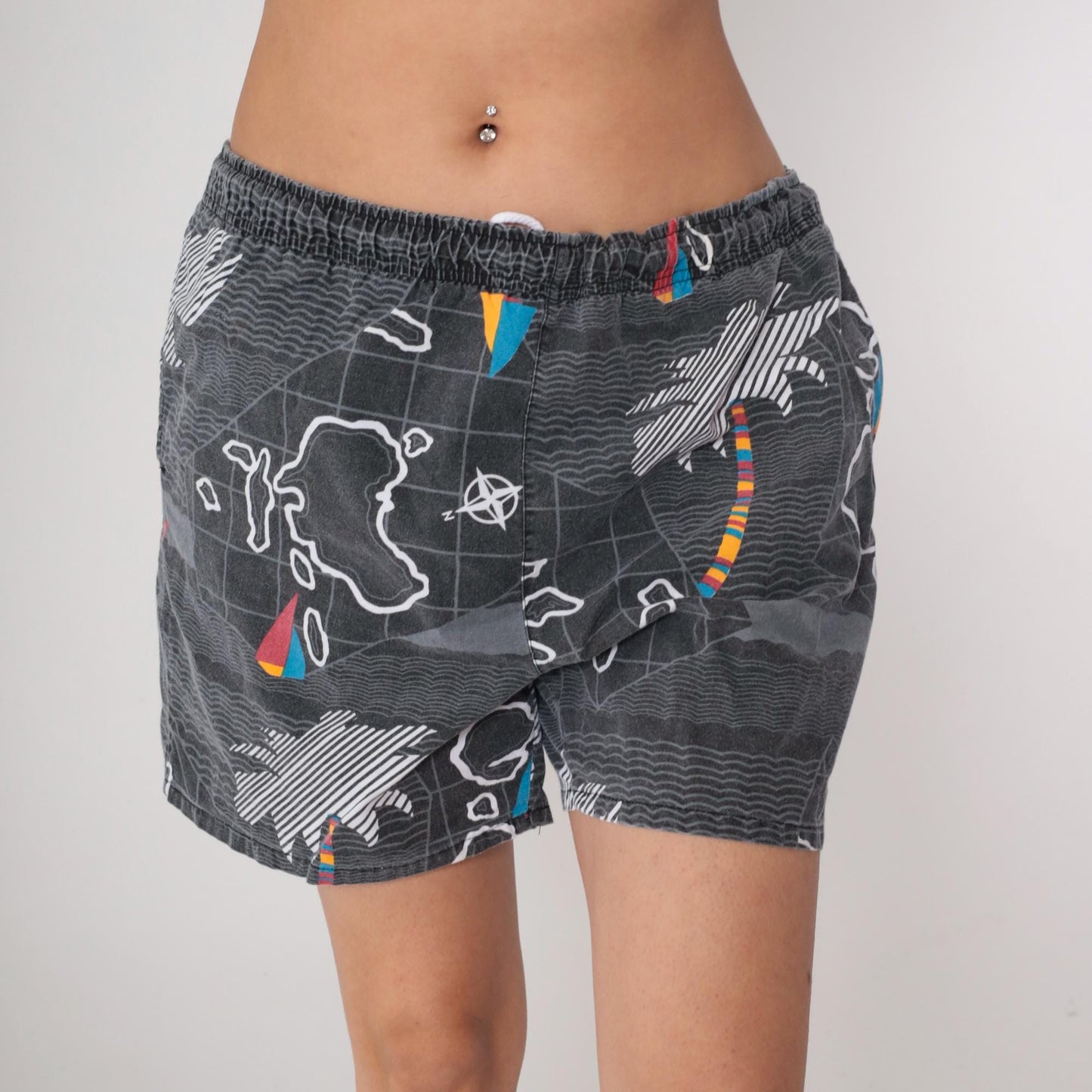 90s Blair Map Print Cotton Swim Trunks Grey Island Graphic Large L
