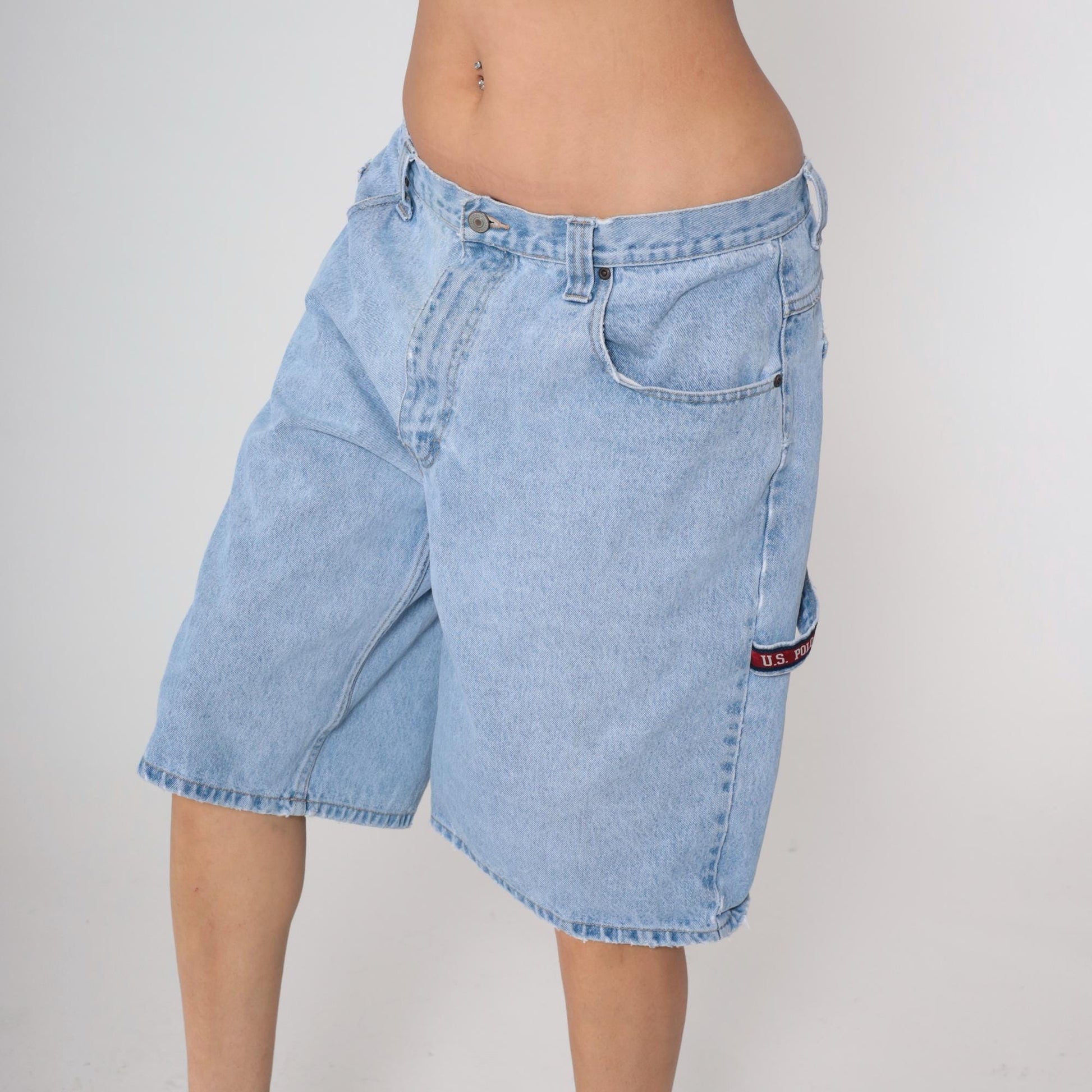 Y2K US Polo Association Carpenter Shorts Light Wash Denim Cargo Utility 36