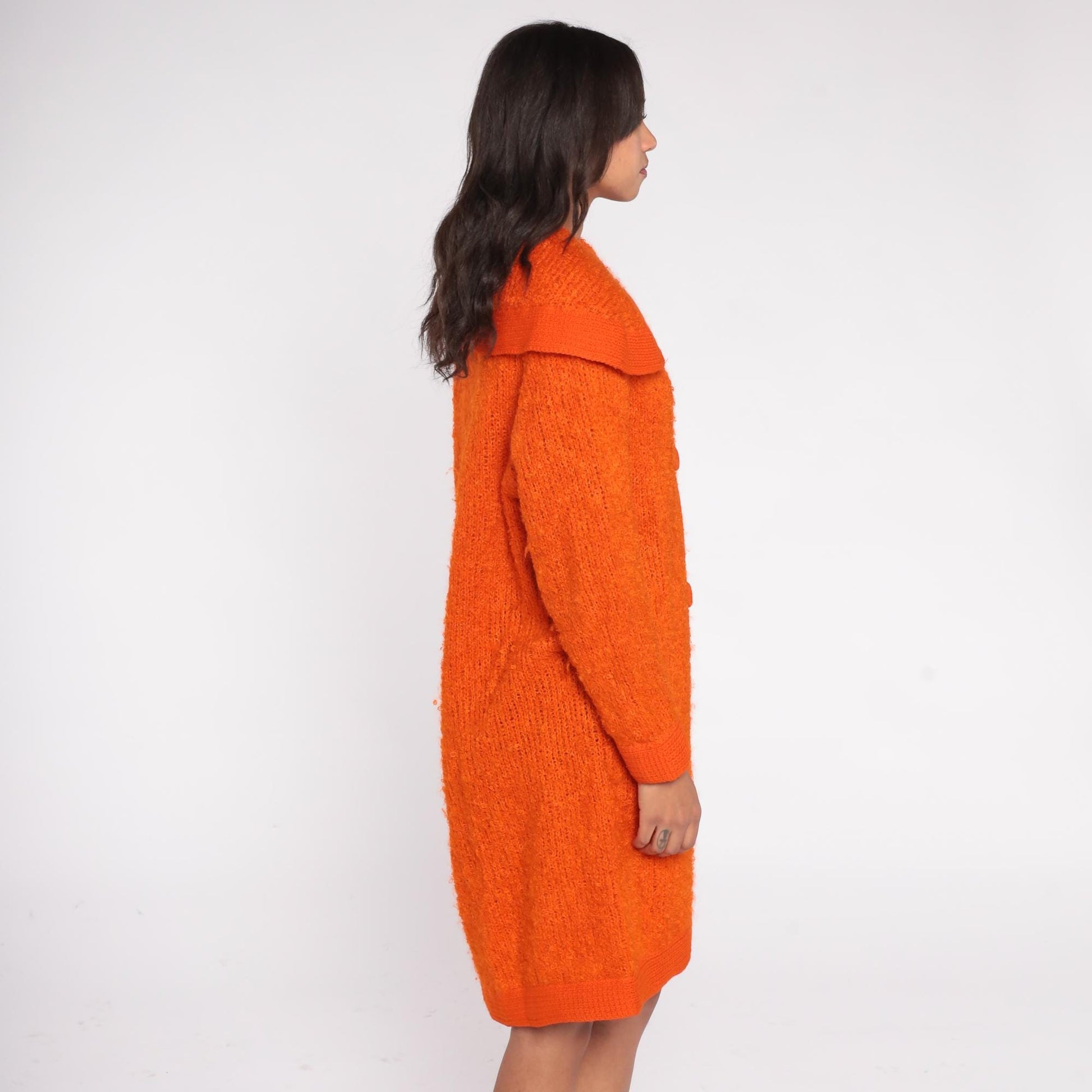 70s Mur Elen California Orange Boucle Cardigan Coat Maxi Length Small