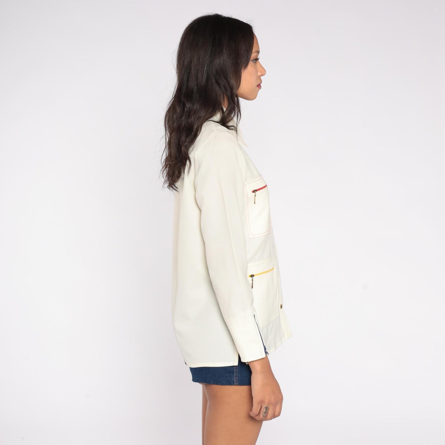 70s King James California Cream Shirt Colorful Zipper Pockets Medium