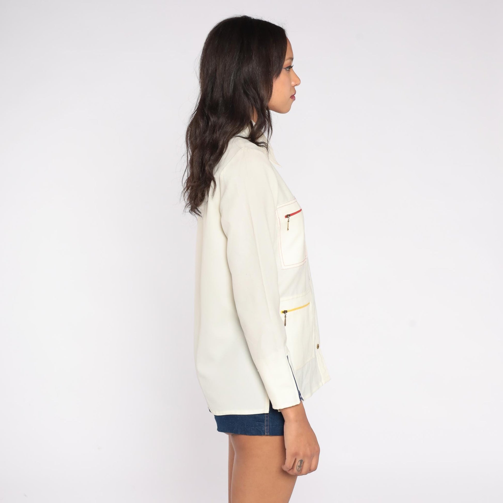 70s King James California Cream Shirt Colorful Zipper Pockets Medium