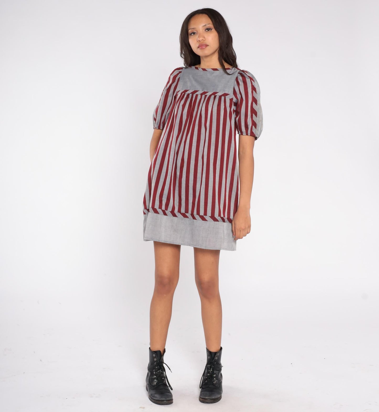 80s Mako Hawaii Striped Mini Dress Puff Sleeve Square Neck Red Grey Small
