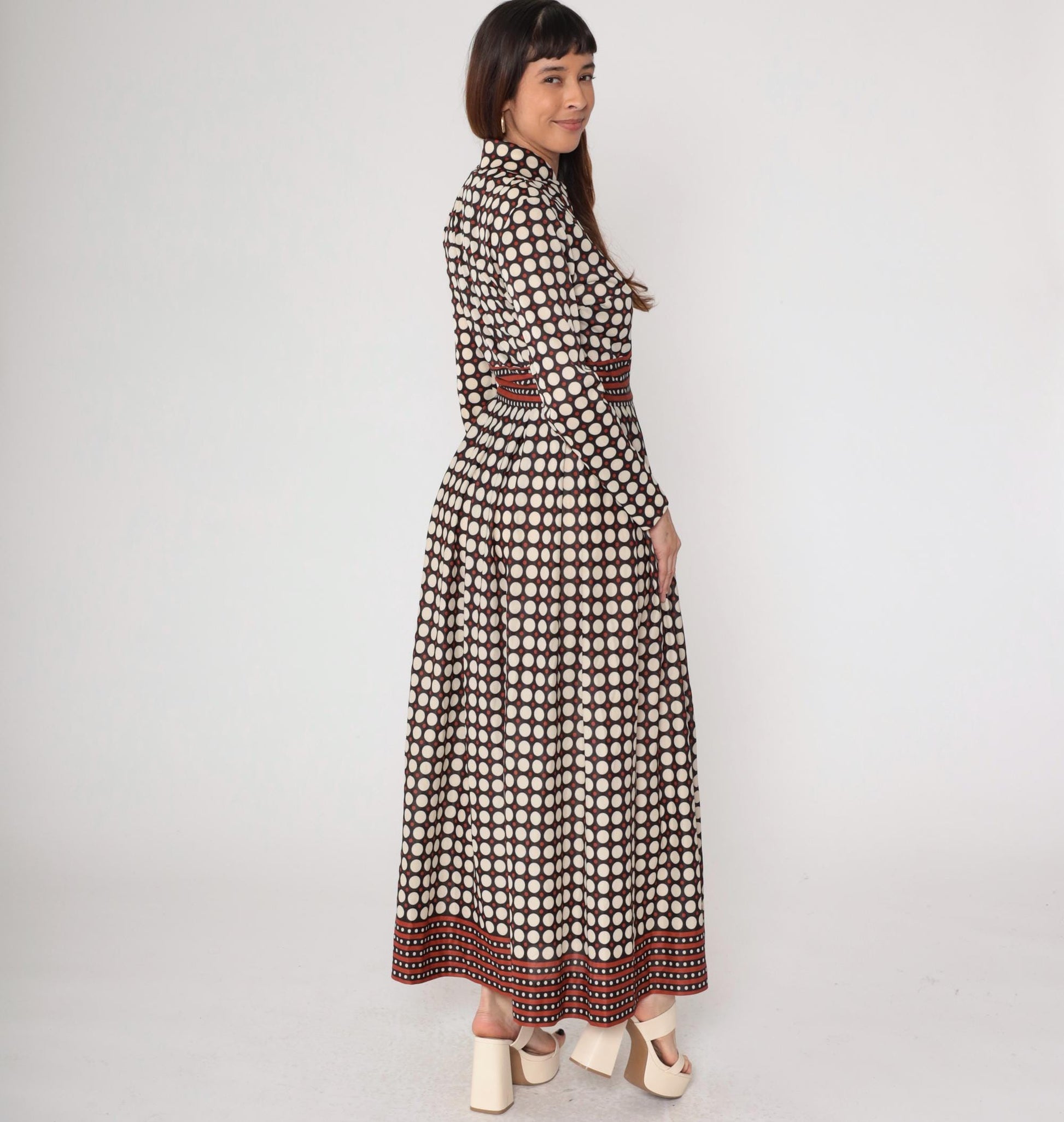 70s Black White Polka Dot Maxi Dress Long Sleeve Button Front Medium M