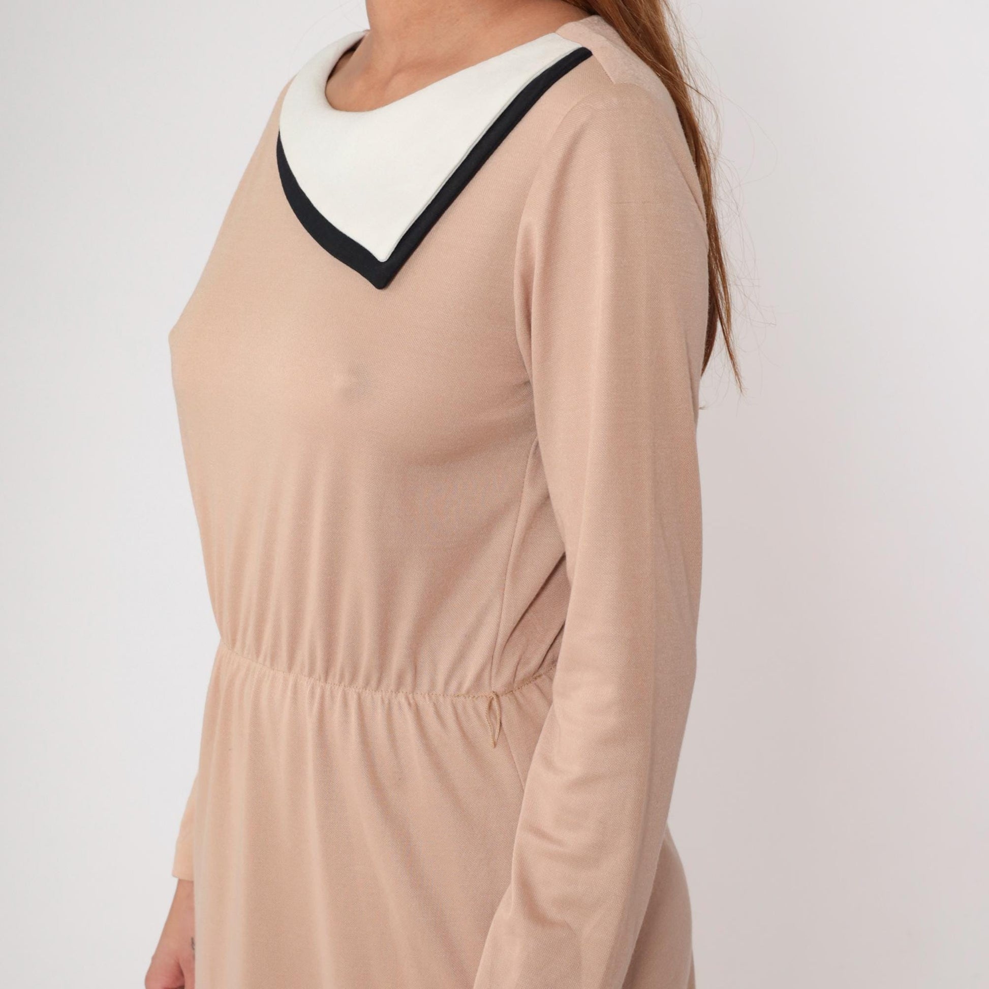 80s Color Block Midi Dress Tan Black White Geometric Long Sleeve Medium