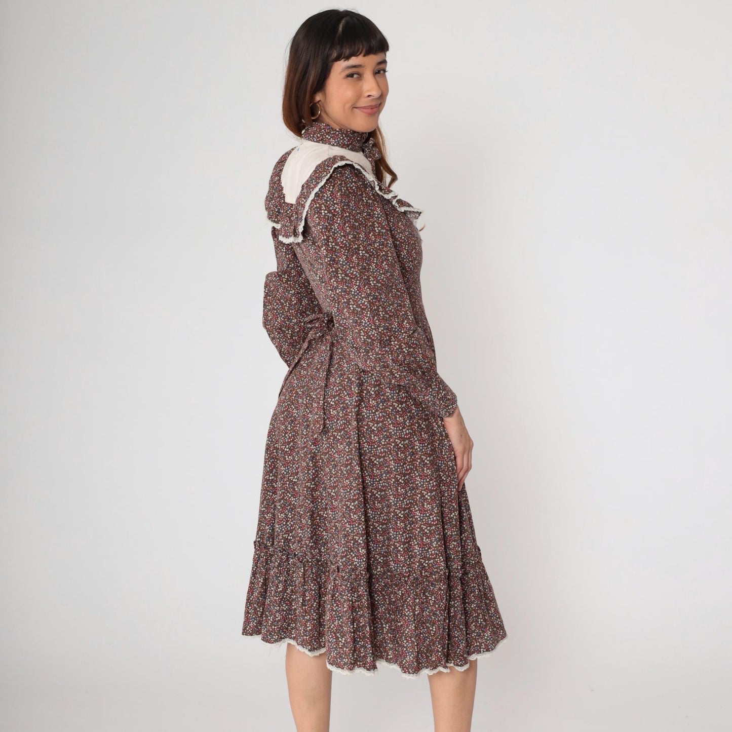 70s Gunne Sax Prairie Dress Brown Floral Cotton Midi Long Sleeve Small