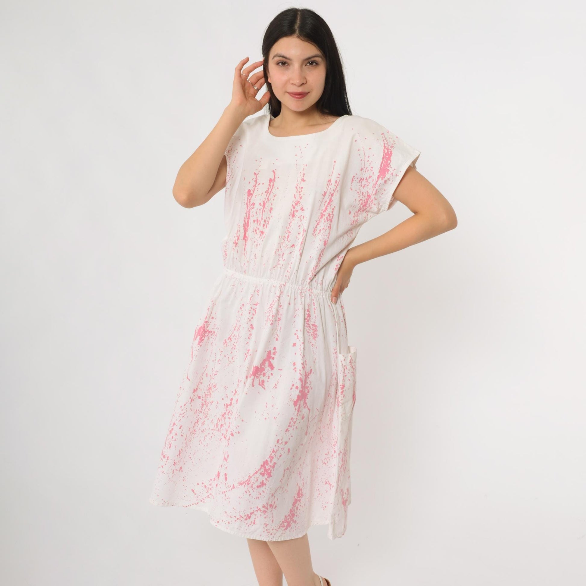 90s White Pink Splatter Print Midi Dress Cotton Short Sleeve Pockets Small