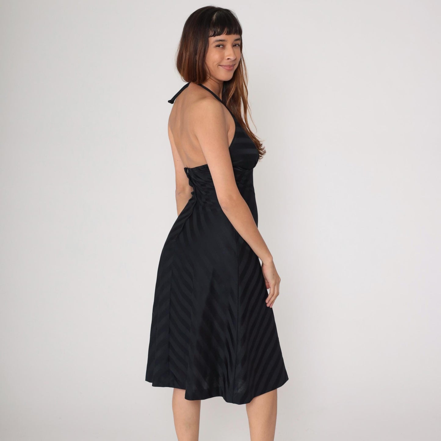 70s Black Halter Dress Striped Deep V Backless Mini Fit Flare Small