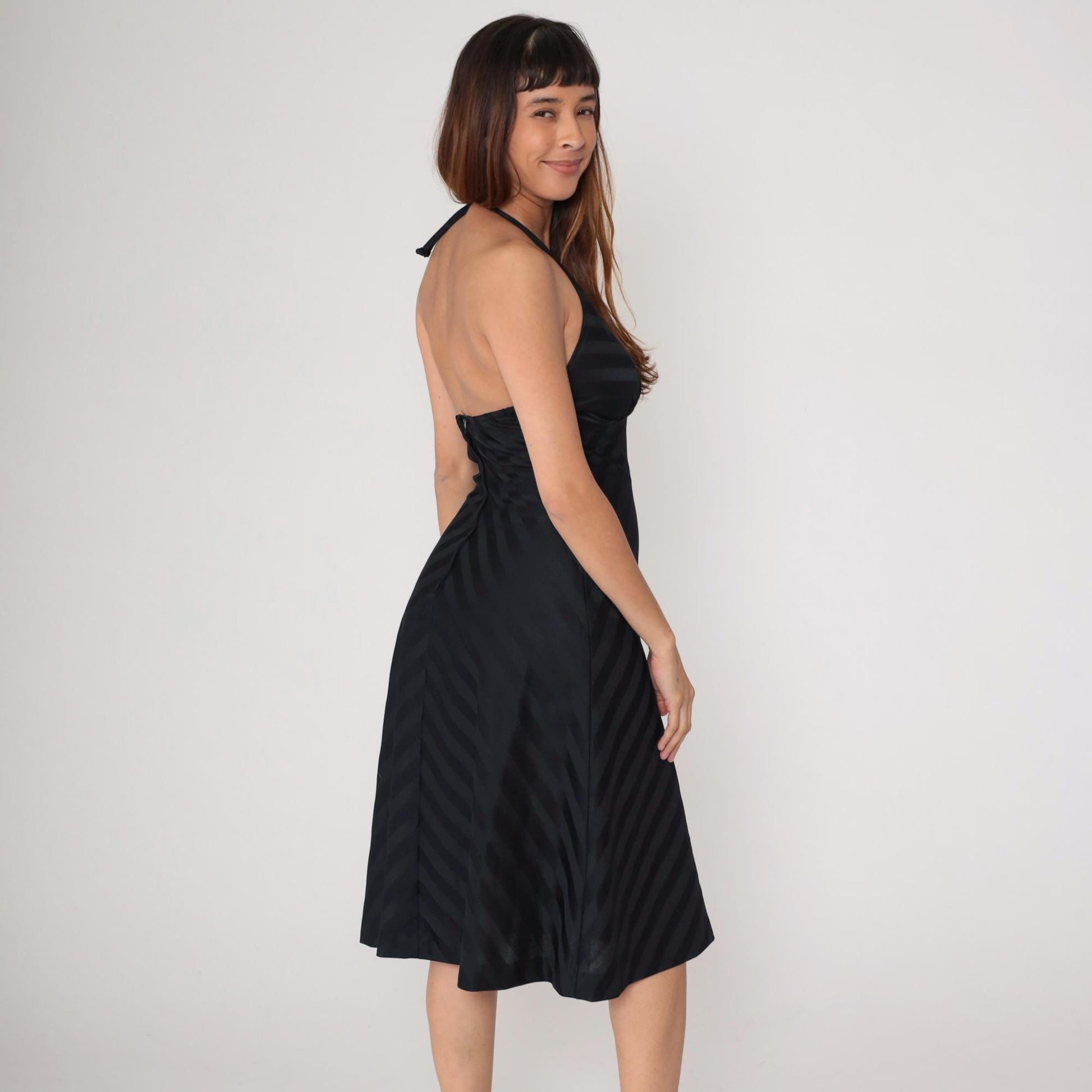 70s Black Halter Dress Striped Deep V Backless Mini Fit Flare Small