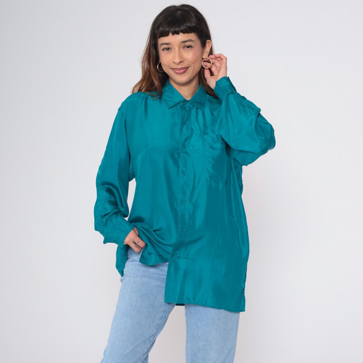 90s Olive Green Silk Button-Up Blouse Long Sleeve Chest Pocket Medium M