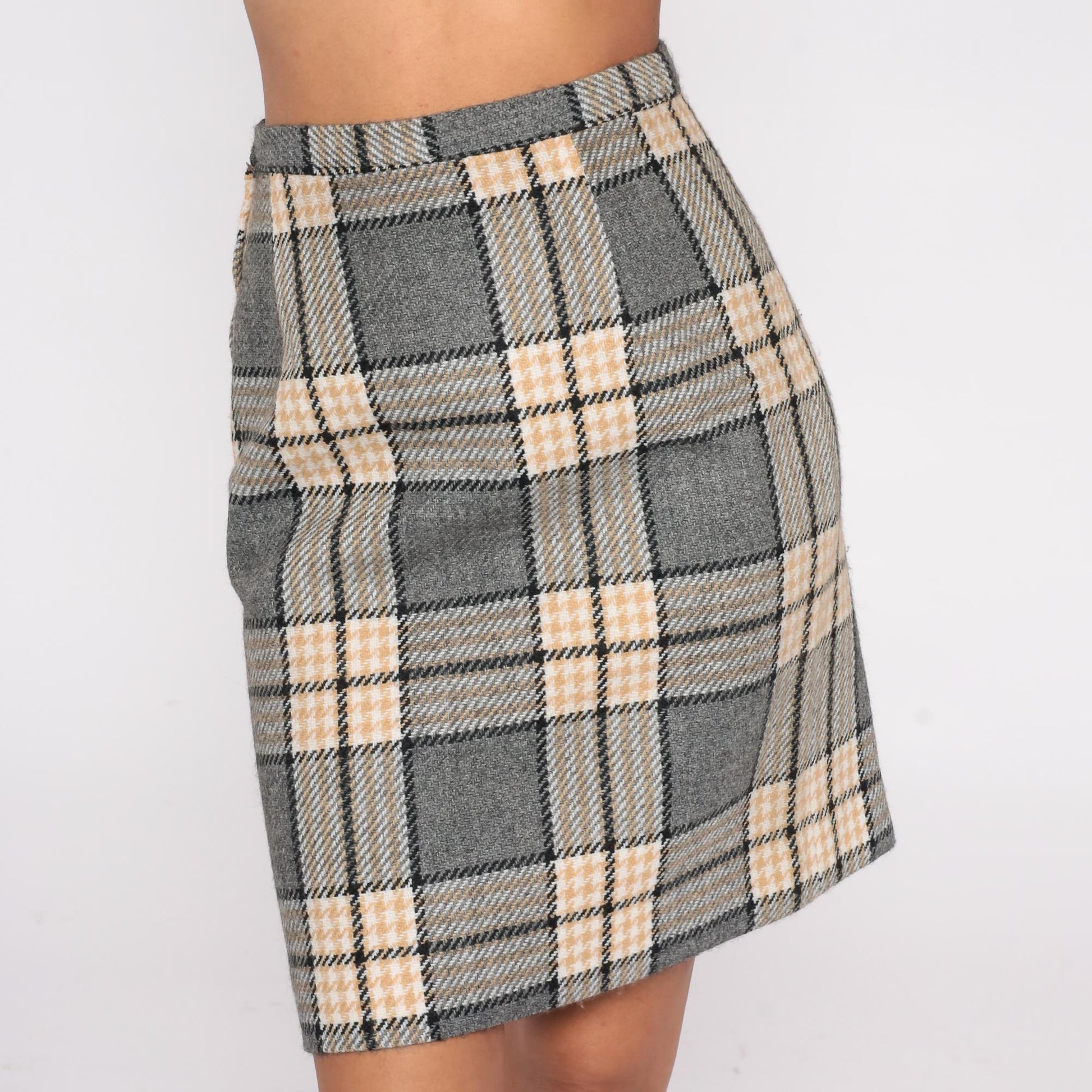 70s Plaid Wool Mini Skirt High Waist Pencil Tailored Grey Cream Black Extra Small XS