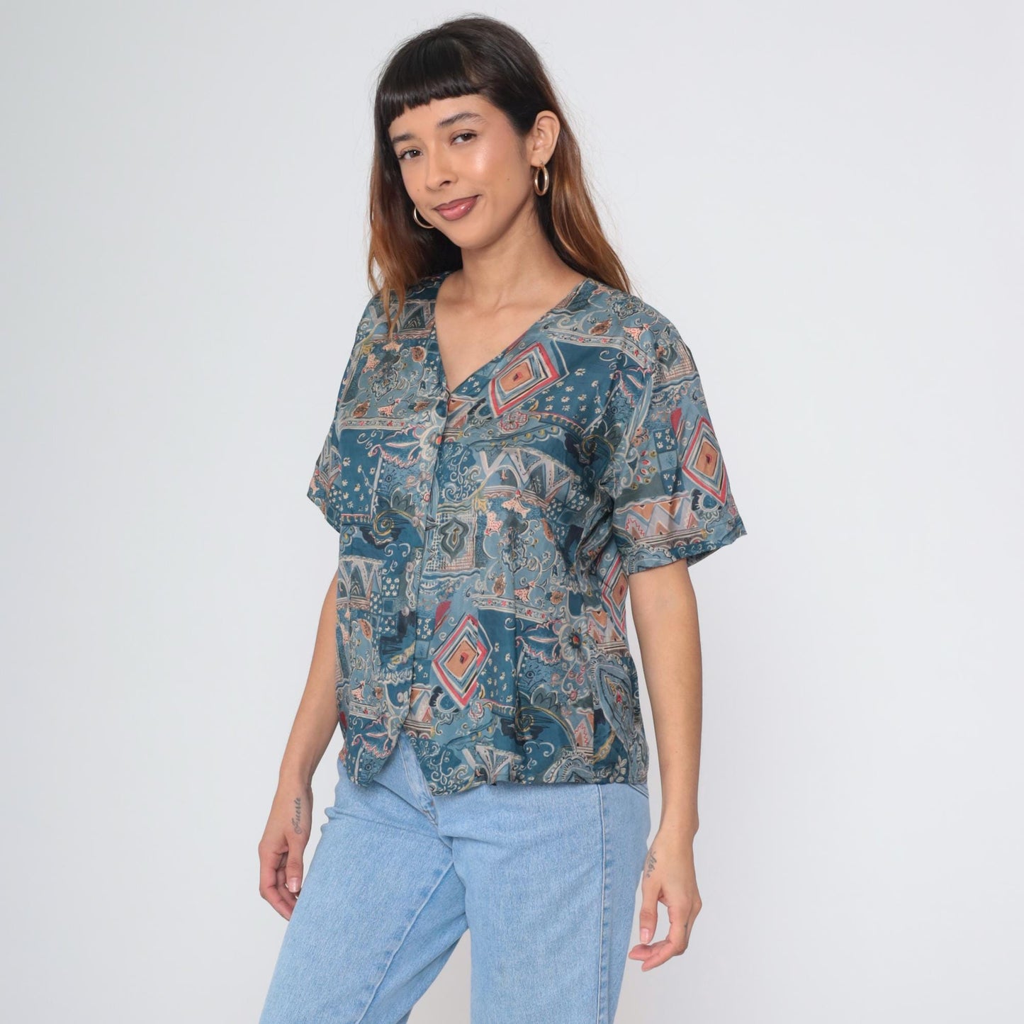 90s Stunt Petites Silk Blouse Blue Paisley Geometric Print V-Neck Short Sleeve Large