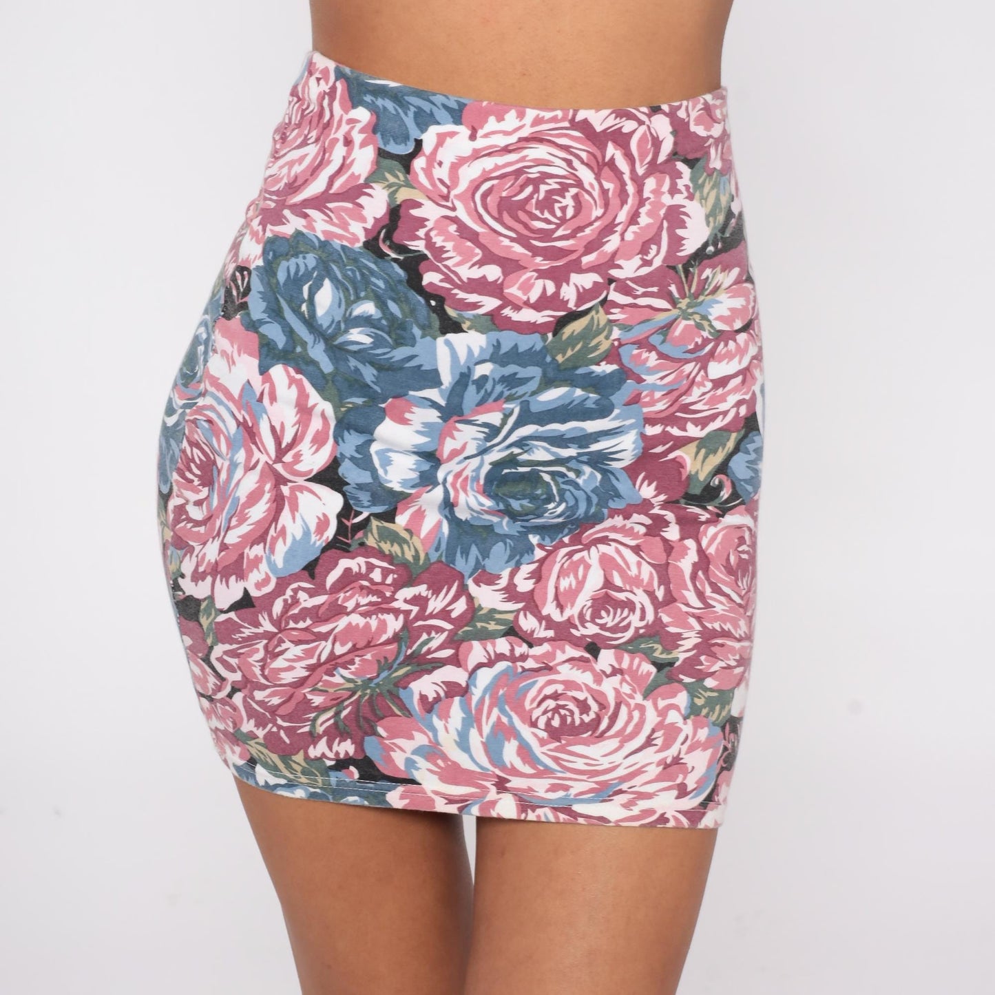 90s Express Floral Mini Skirt Rose Print Pink Blue High Waist Small S