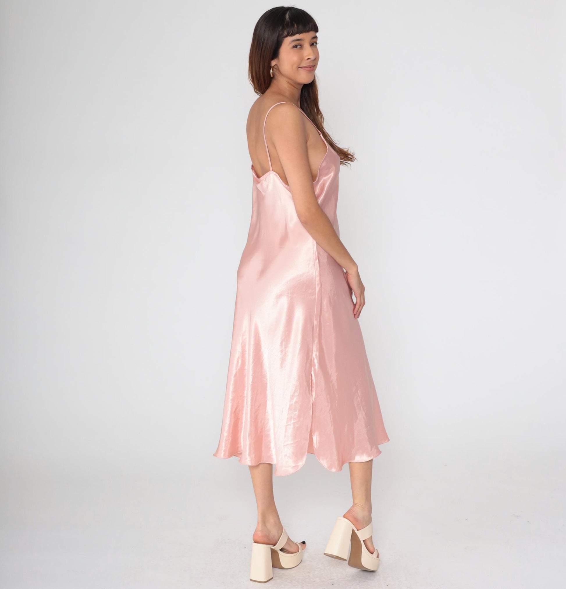 90s California Dynasty Pink Satin Slip Dress Maxi Spaghetti Strap Large L