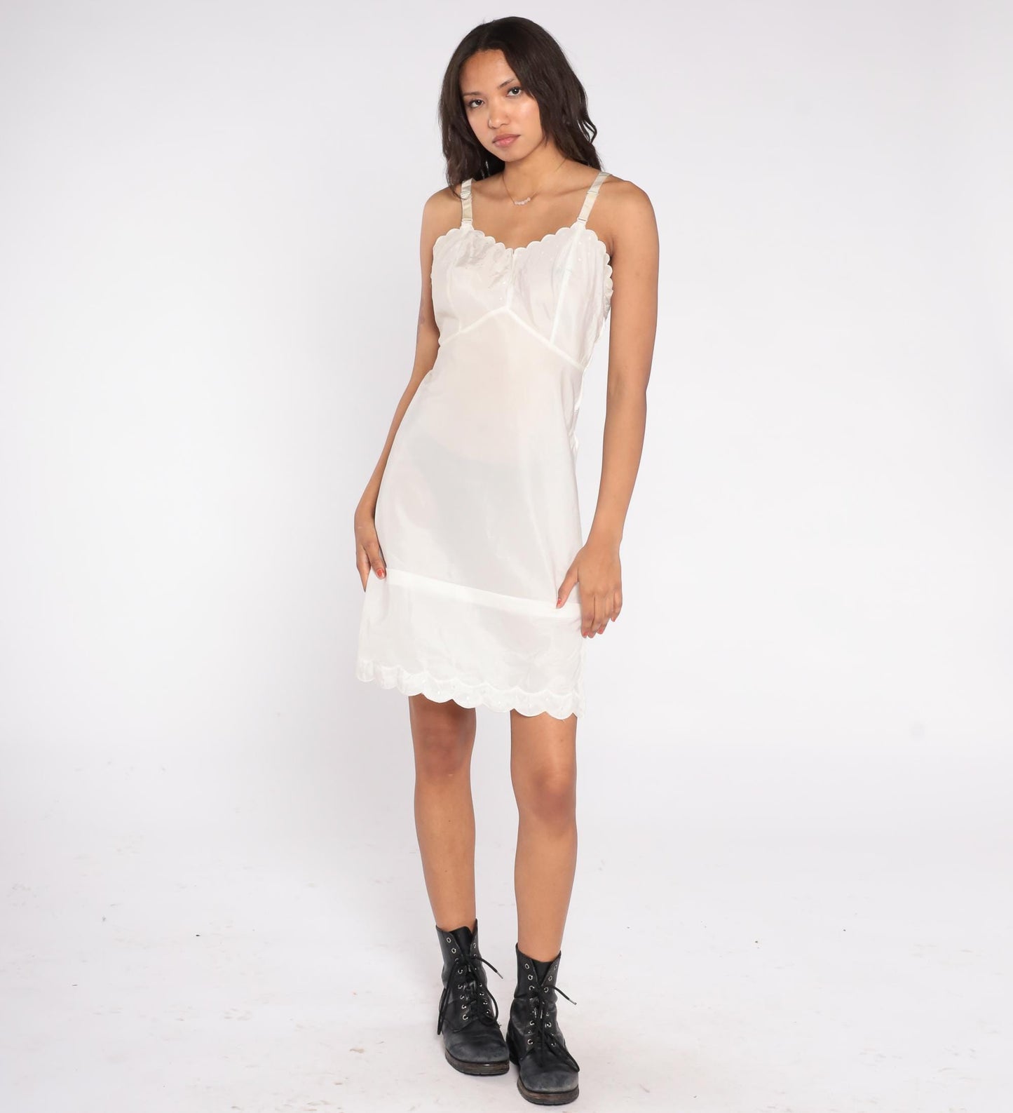 60s Barbizon White Slip Dress Dotted Swiss Scalloped Hem Small S