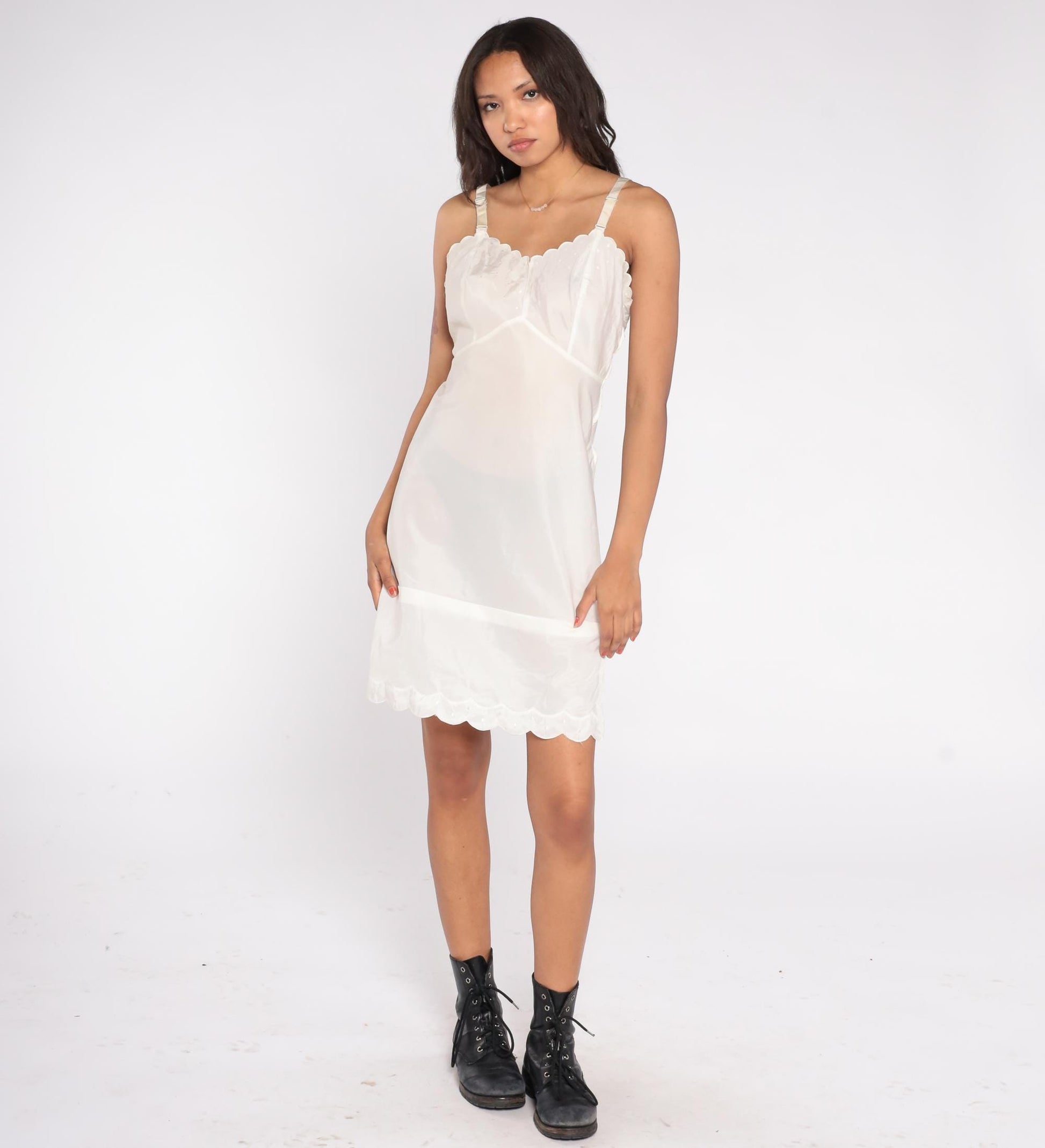 60s Barbizon White Slip Dress Dotted Swiss Scalloped Hem Small S