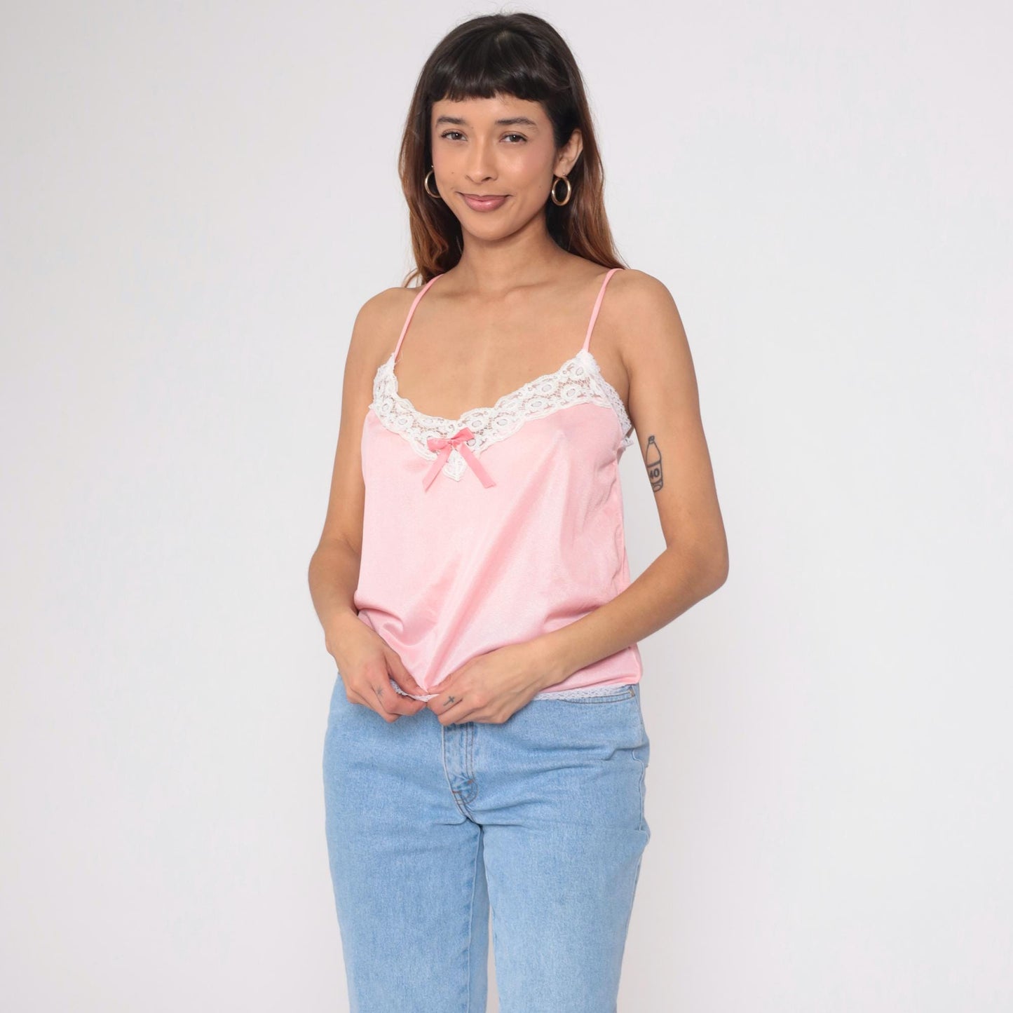 80s Pink Satin Camisole Nylon Lace Trim Bow Tank Medium