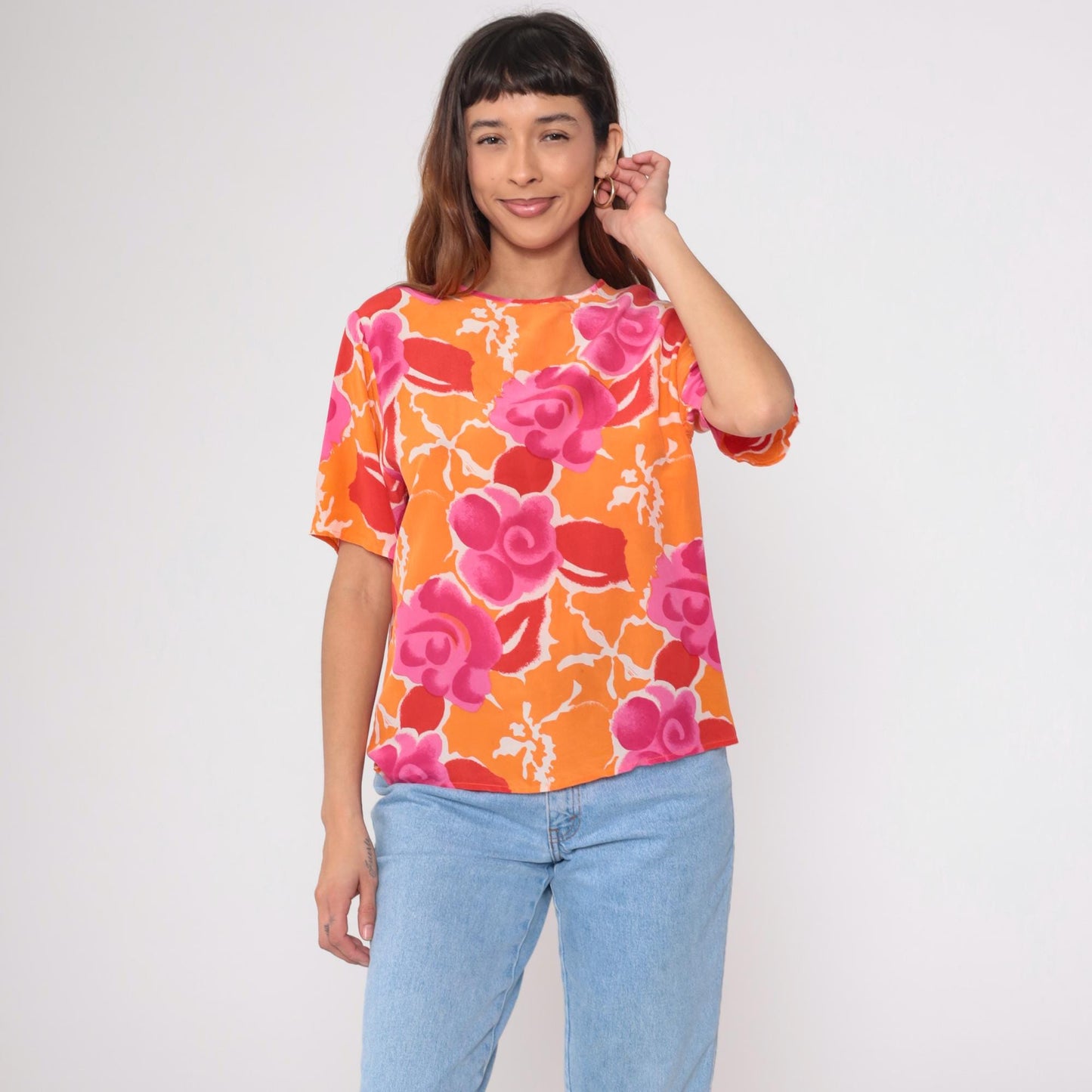 Y2K Christie and Jill Silk Blouse Floral Orange Pink Short Sleeve Medium M