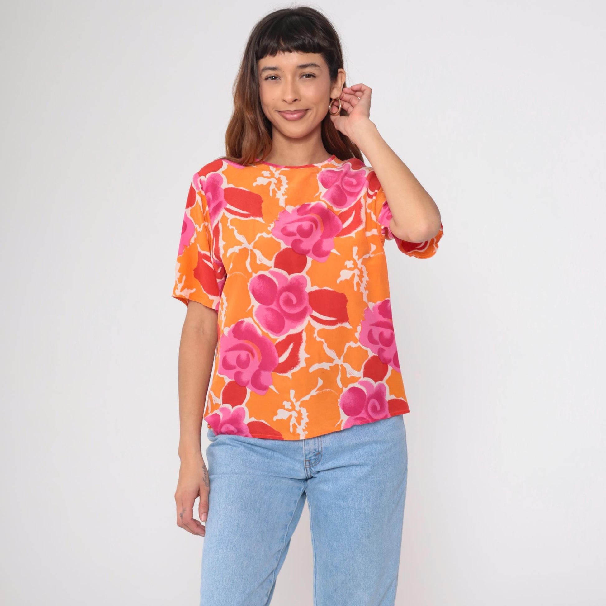 Y2K Christie and Jill Silk Blouse Floral Orange Pink Short Sleeve Medium M