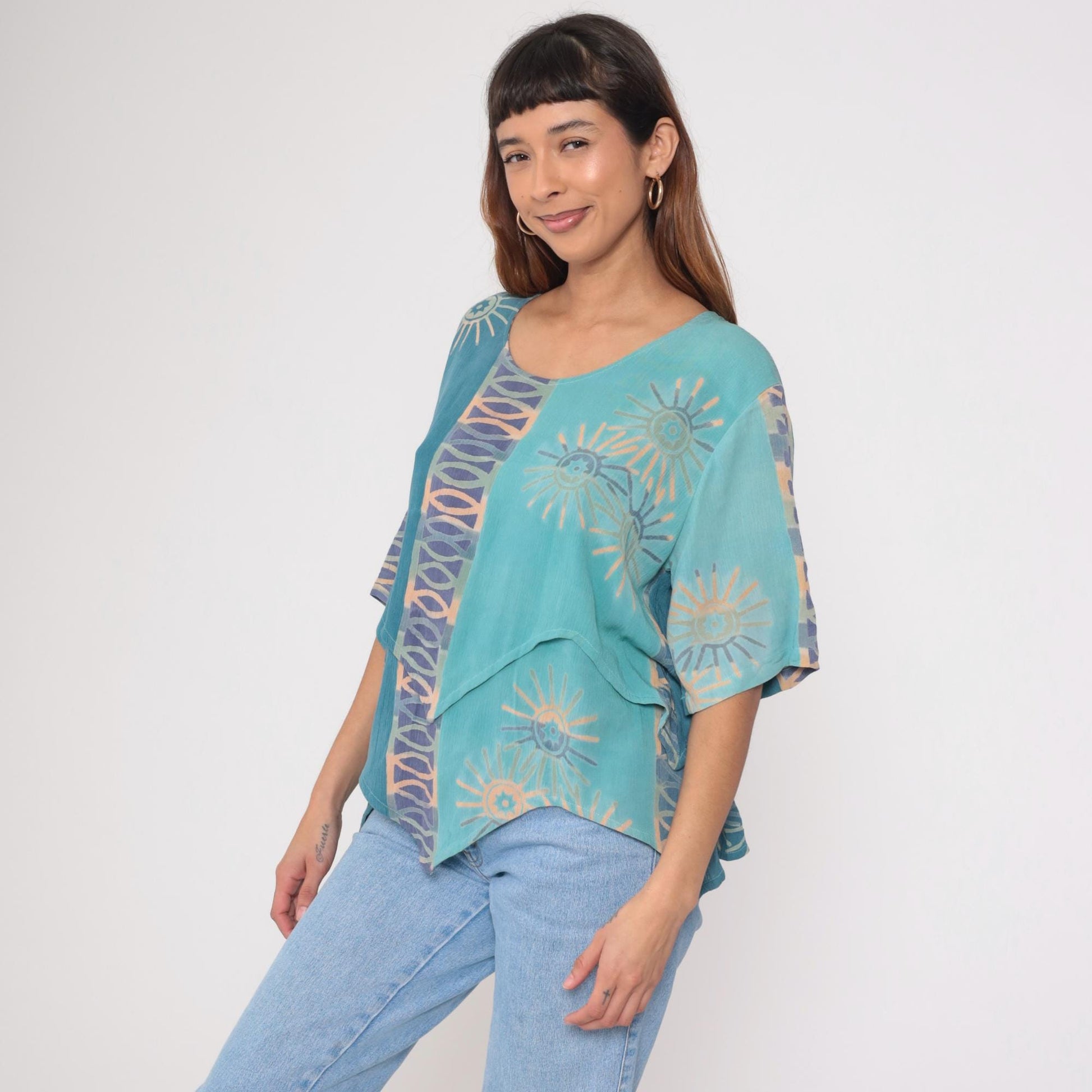 Y2K Silver Stream Teal Sun Print Asymmetric Layered Blouse Extra Large XL