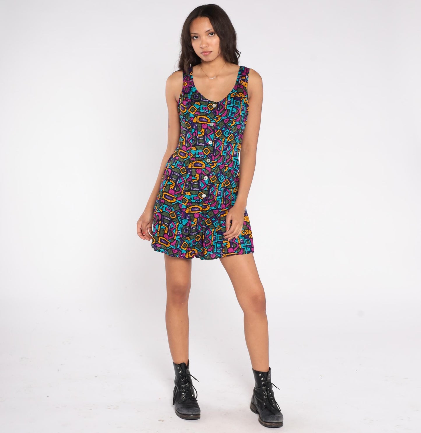 90s Gabriella Abstract Geometric Romper Black Multicolor Rayon Medium M