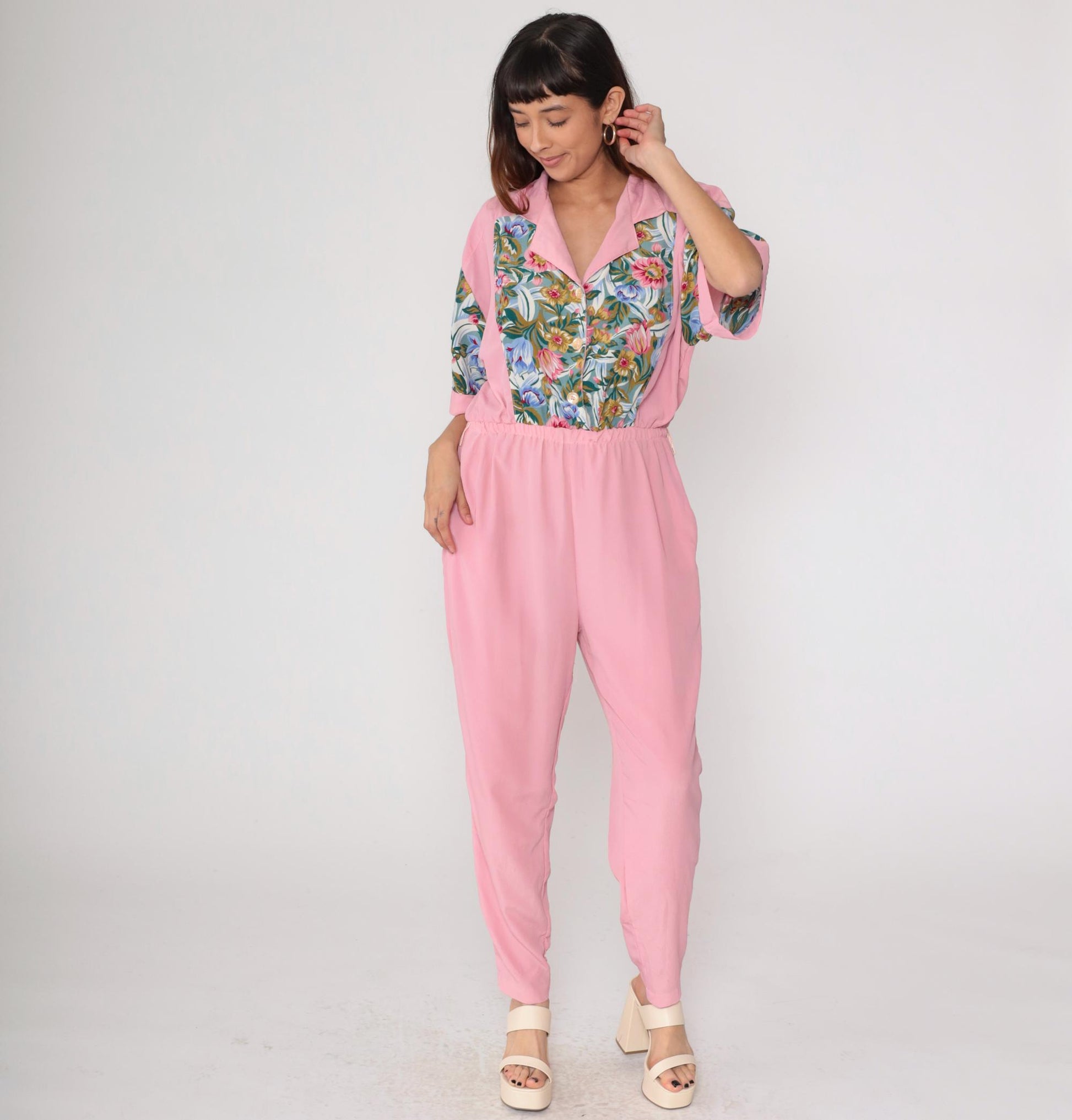90s Pink Floral Jumpsuit Adolfo II Button Up Collared Tapered Medium