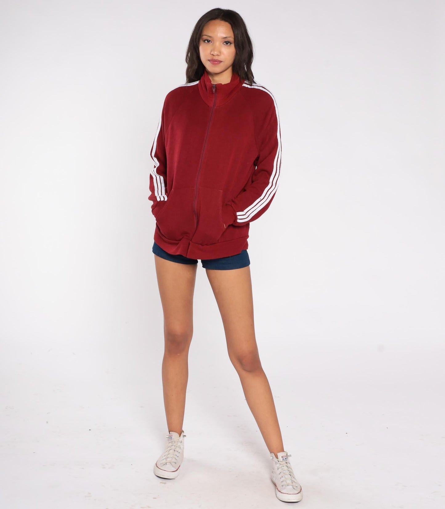 80s Red Track Jacket White Stripe Zip Front Raglan High Collar Large L